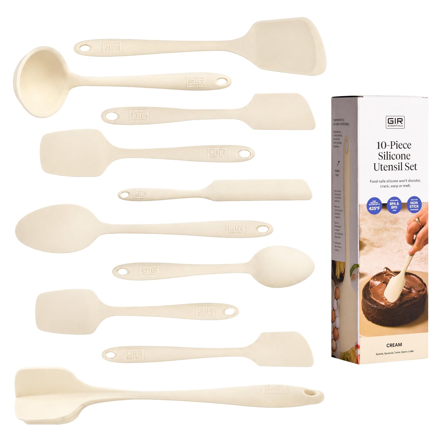 GIR: Get It Right 10-Piece Silicone Essentials Kitchen utensils set - Ladle, Spatula, Flip, Spoon & Spoonula - Non toxic cooking utensils for Nonstick Cookware, Cooking and Baking - Cream
