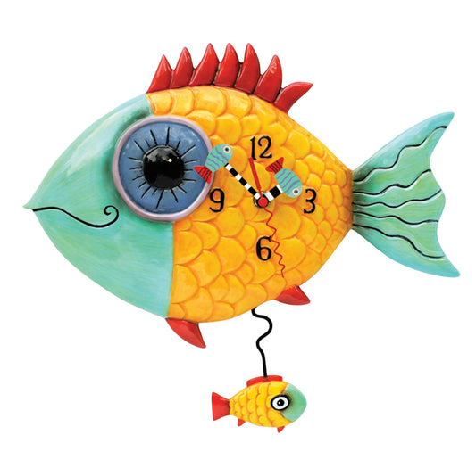 Allen Designs Enesco Wide-Eyed Fishy Sculpted Pendulum Wall Clock, 13.5 Inch, Multicolor