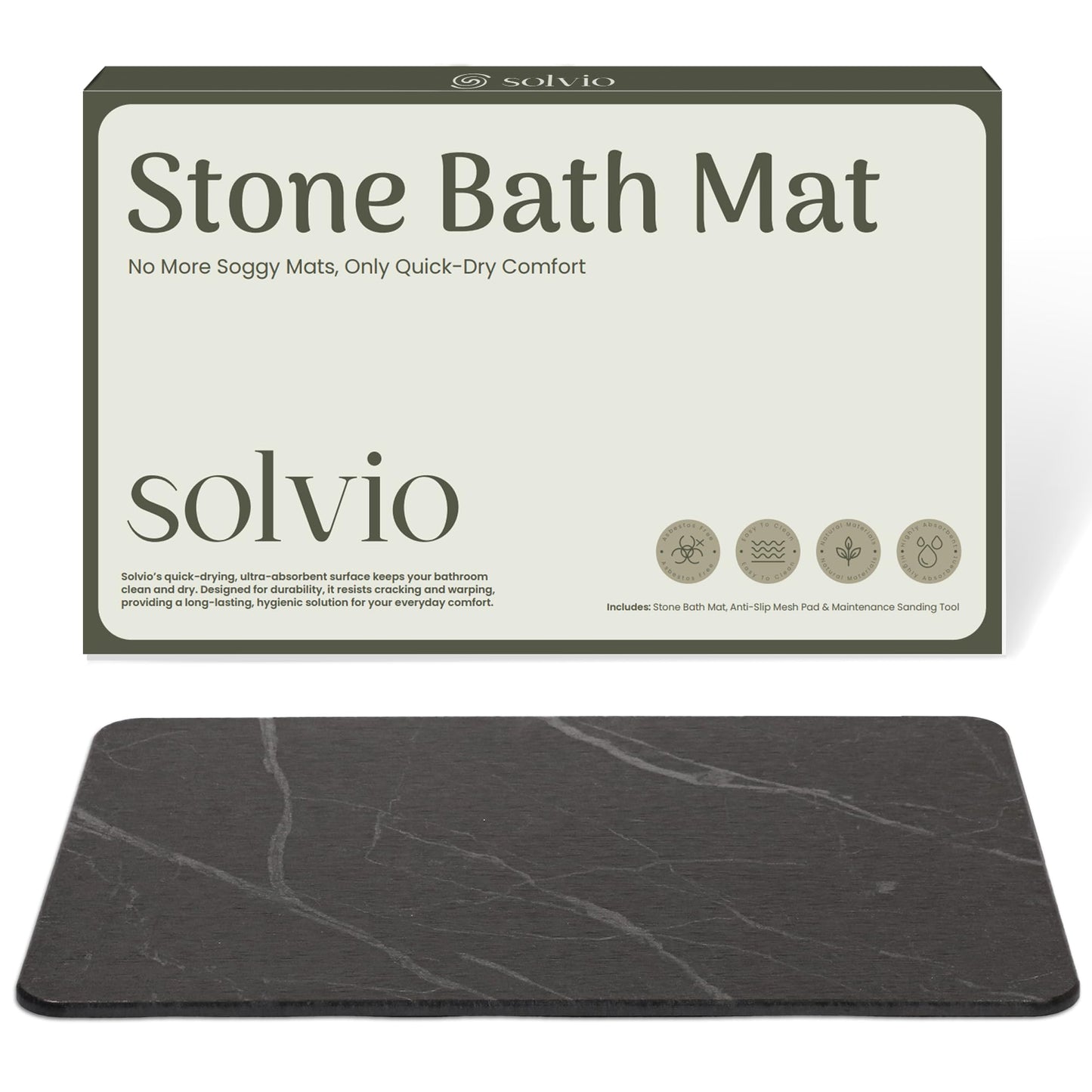 Solvio Quick Dry Shower Stone Bath Mat, Super Absorbent & Non-Slip 24 x 16 Inch Diatomaceous Earth Mat, Durable & Easy to Clean Diatomite Bath Mat for Bathroom Floor/Kitchen (Charcoal)