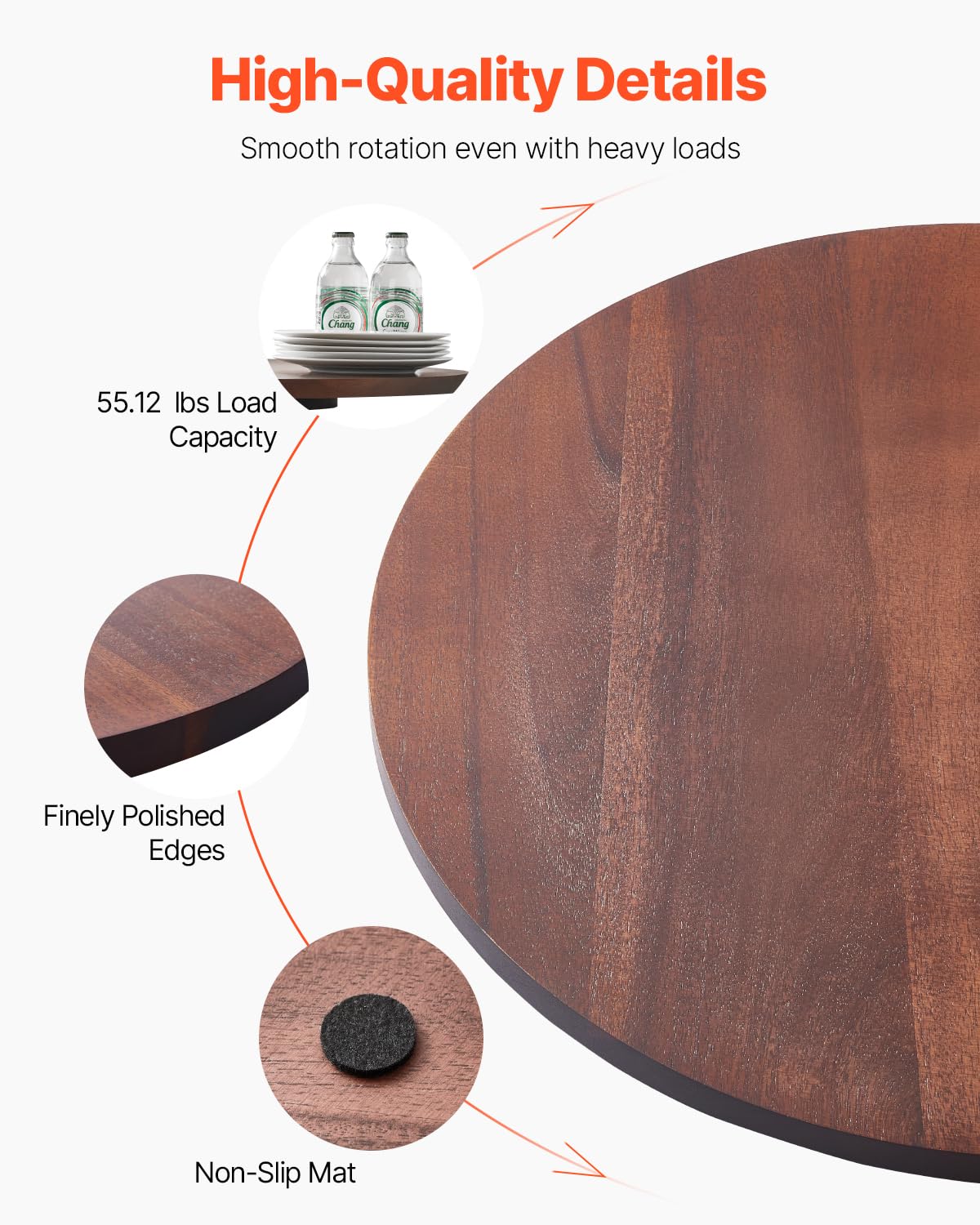 VEVOR 24 in Wood Lazy Susan Turntable, 360° Rotation Round Clear Tabletop Rotating Tray, Acacia Wood Dining Table Centerpiece, Smooth and Silent Spin, for Family Gatherings, Banquets and Weddings