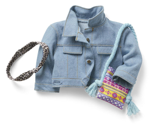 American Girl Truly Me 18-inch Doll Accessories Jean Jacket, Printed Purse, and Leopard-Print Headband, For Ages 6+