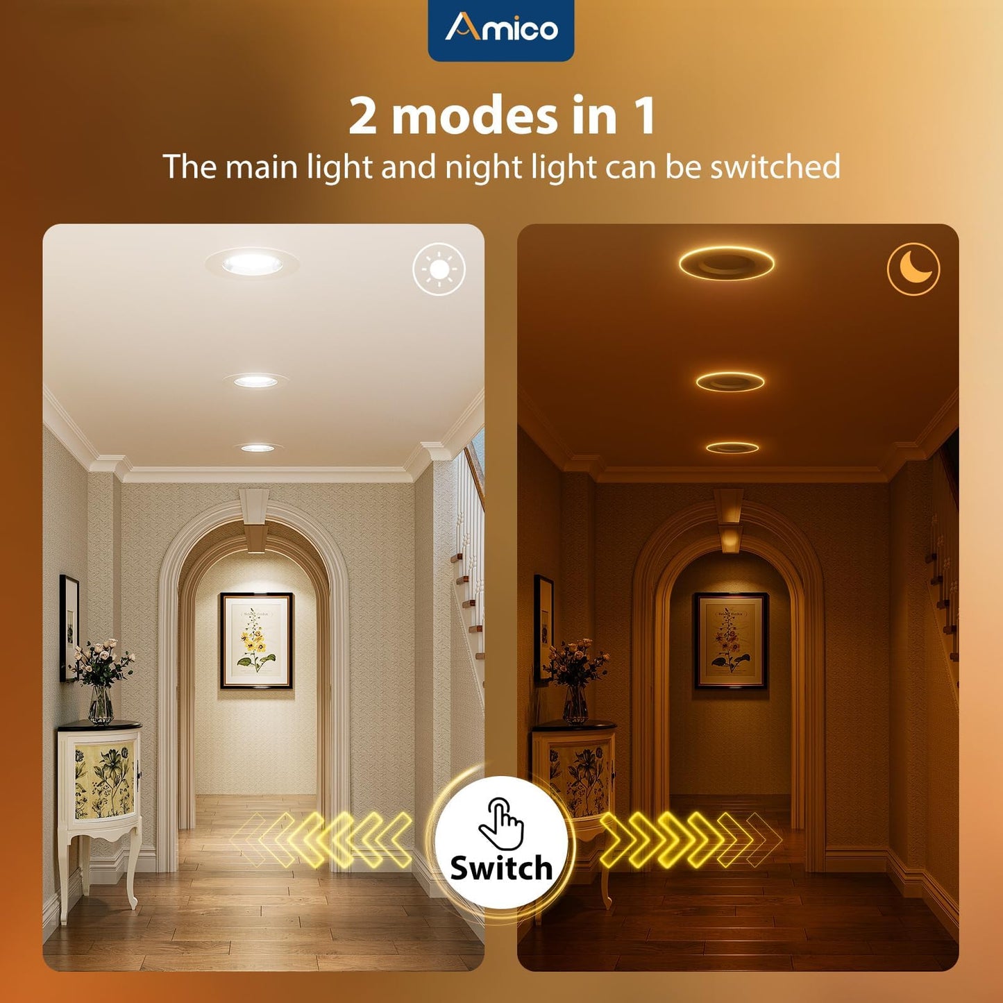 Amico 12 Pack 5/6 Inch LED Can Lights with Night Light, 5CCT Retrofit Recessed Lighting Selectable 2700/3000/4000/5000/6000K, Dimmable, 12W=110W, 1100LM Downlight - ETL & FCC