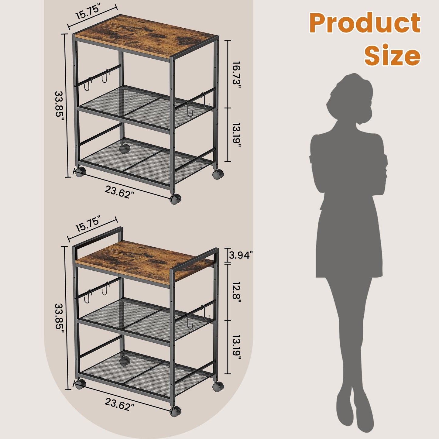 Rolling Kitchen Microwave Cart, 3-Tier Microwave Stand with Adjustable Shelf, Kitchen Storage Cart on Lockable Wheels, Coffee Bar Cart Shelf Rack Organizer for Kitchen, Living Room, Office, Balcony