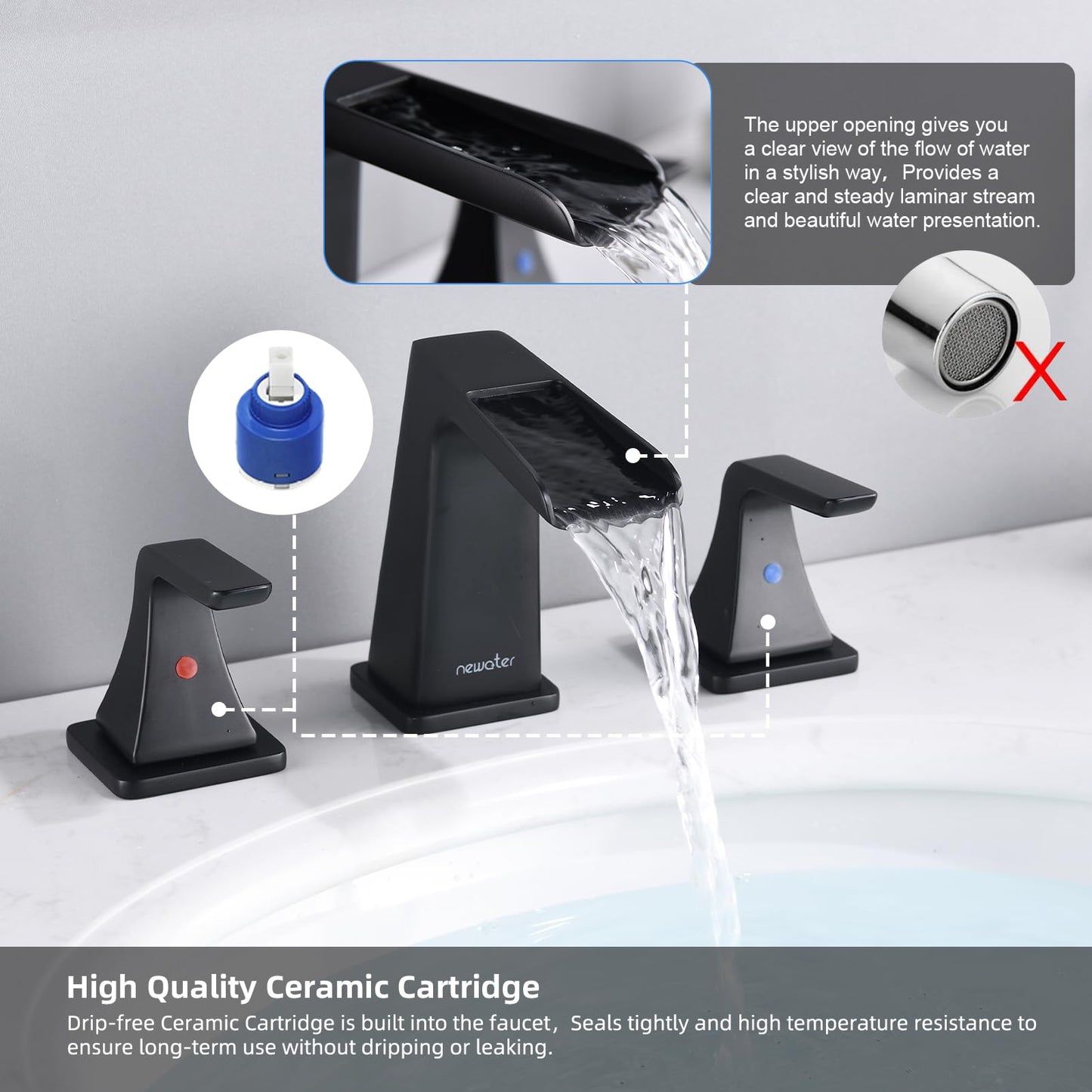 NEWATER Matte Black Solid Brass Bathroom Faucet 8" Widespread, Waterfall 3-Hole Vanity Sink Faucet with Metal Pop-Up Drain & Supply Lines, Two Handle Bathroom Faucet for Sinks