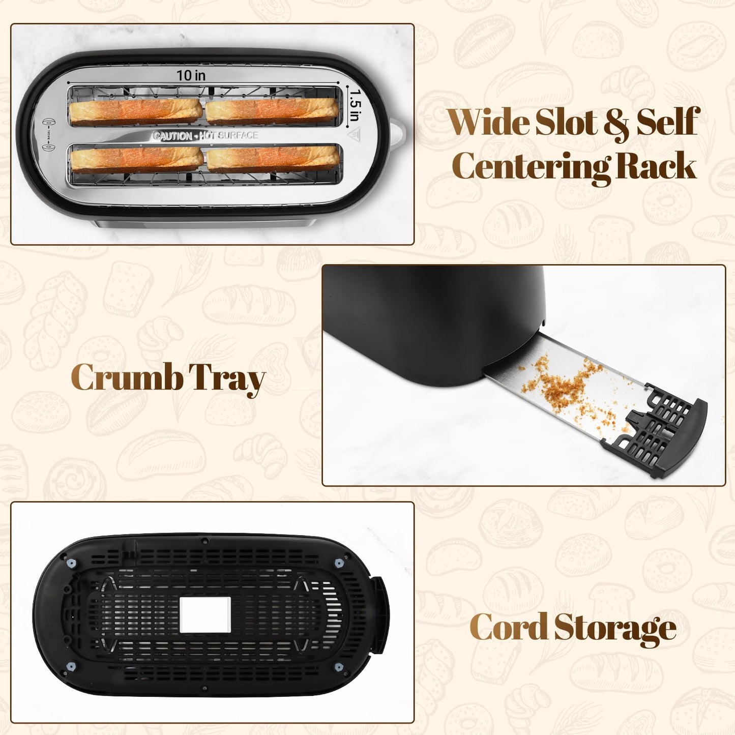 Tesslux 4 Slice Toaster with Touch Screen Control, 1.5" Wide Long Slots, 6 Browning Levels & 6 Bread Types, Digital Timer, Memory, Defrost, Reheat (Black)