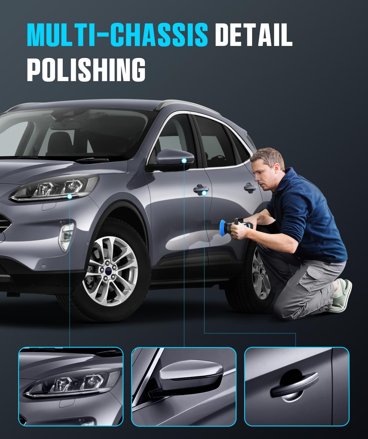 Mini Polisher, 2inch/ 3inch 750W Car Buffer with 12mm Random Orbital-Improve Work Efficiency by 35%, with 16pcs Trapezoidal Polisher Pads &16.4 ft Cord, for Car Detailing and Waxing