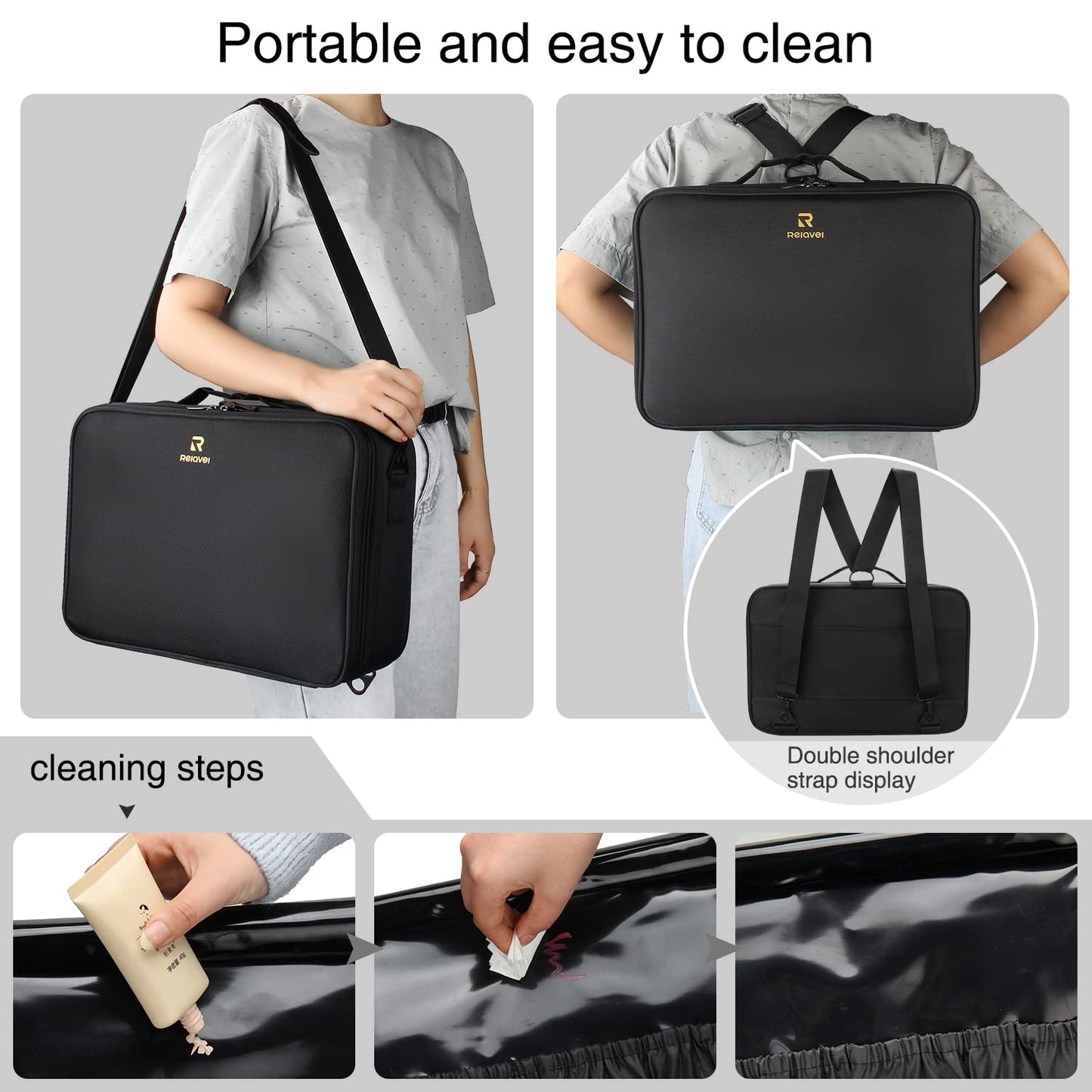 MONSTINA 16.5'' Large Capacity Makeup Case 3 Layers Cosmetic Organizer Brush Bag Barber Train Case Makeup Artist Box for Hair Curler Hair Straightener Brush Set and Cosmetics