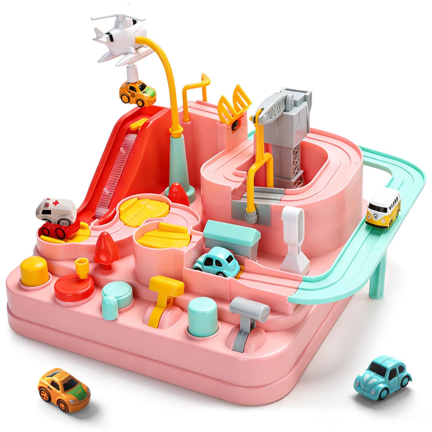 Gretex Car Race Track for Kids Ages 3-6: City Rescue Car Track Set with 4 Mini Cars and Helicopter, Preschool STEM Toy, Educational Obstacle Course Playset for Kids Ages 3-6, Birthday Gift for Girls