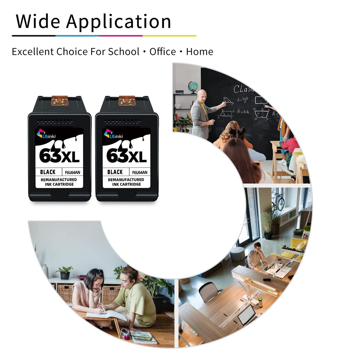 63XL Black Ink Cartridge Replacement for HP 63 XL 63XL BK Ink Work with 3830 4650 4652 4655 5200 5252 5255 5258 4520 4512 1112 2132 3630 3632 Printers （2-Pack High Yield Cartridge）