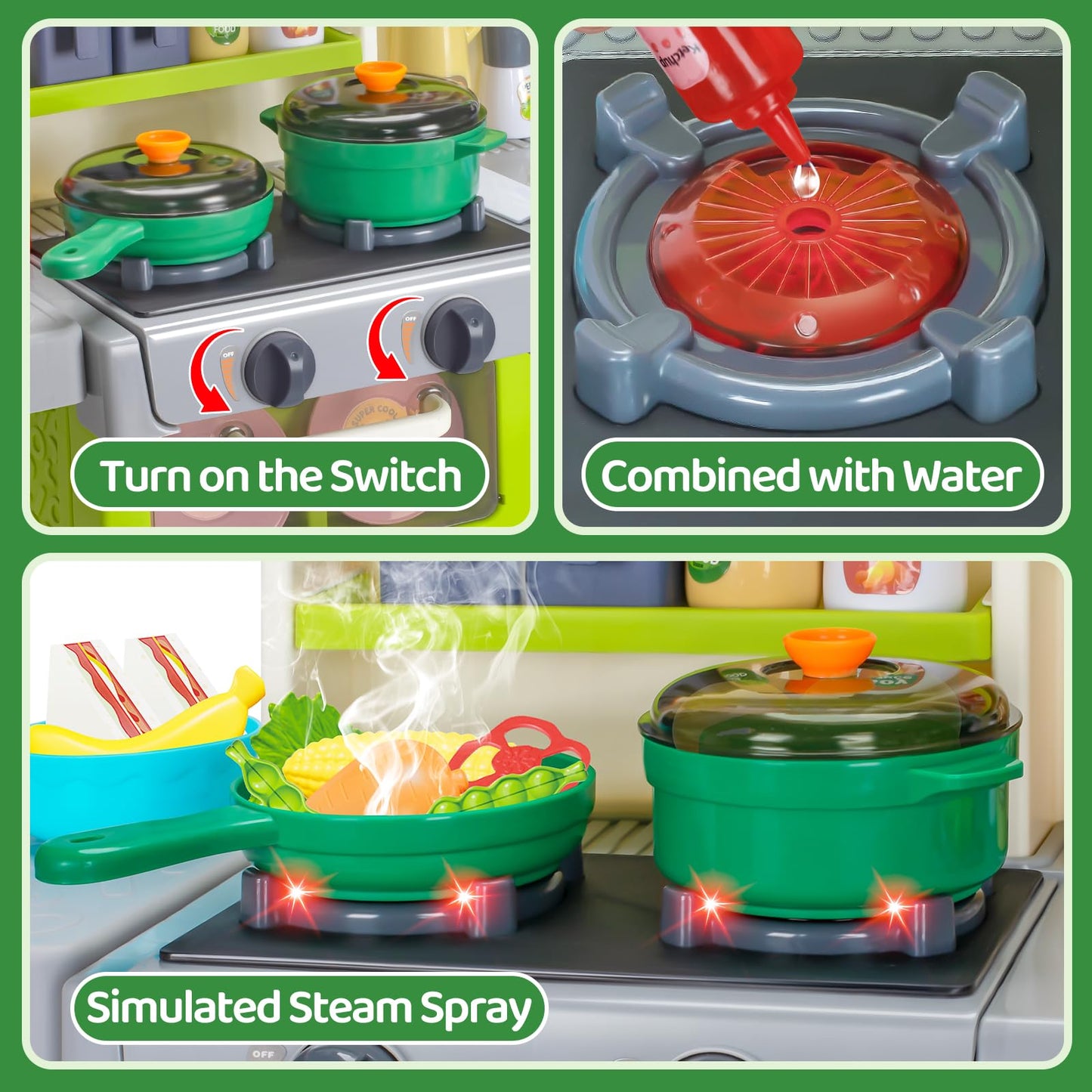 Kids Play Kitchen Set, Toddler Kitchen Playset with Sound & Light, Cooking Stove with Steam, Play Sink, Play Food Toy and Kitchen Accessories, Kitchen Toy for Kids Girls Boys 1-3
