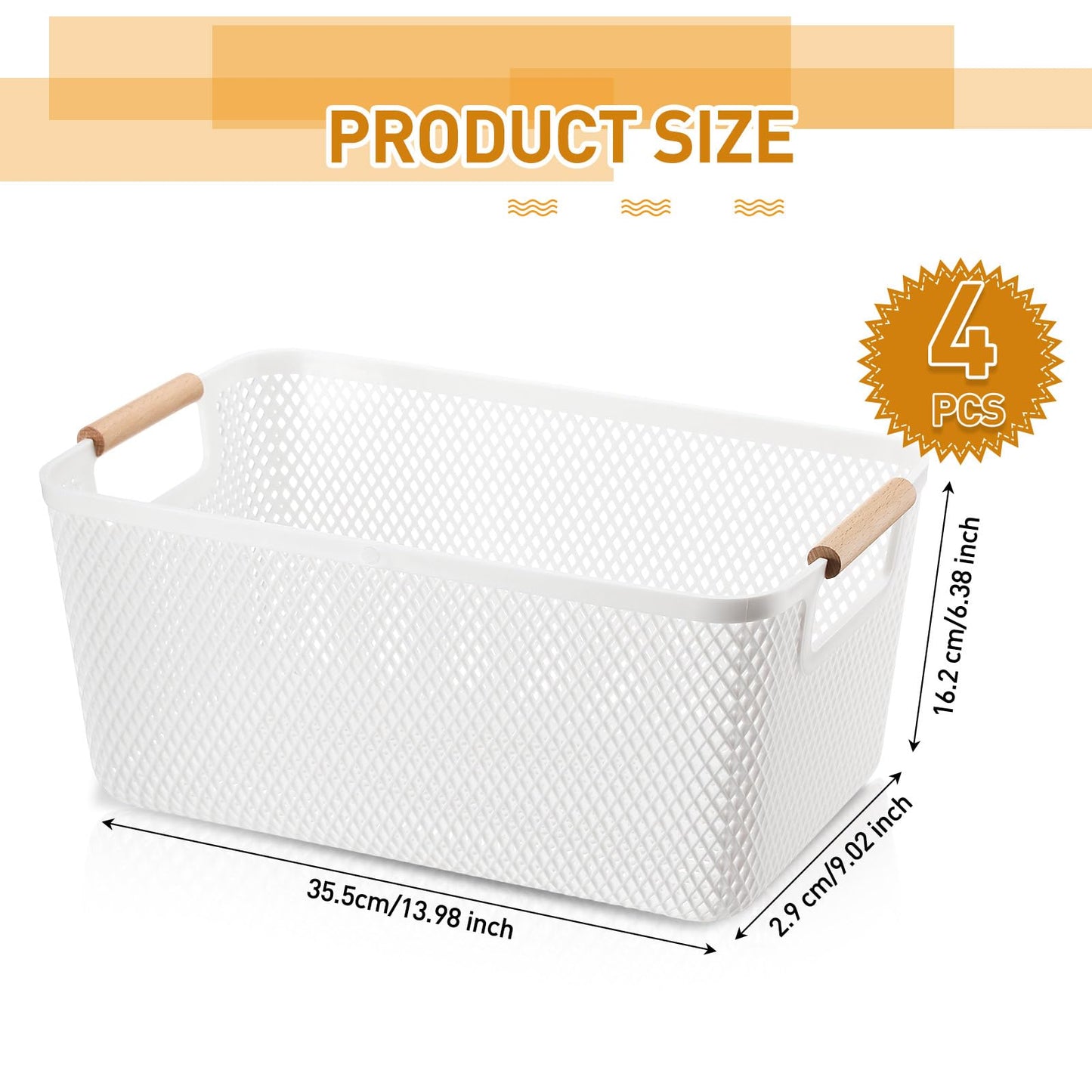 Tioncy 4 Pcs White Mesh Baskets with Wooden Handles Plastic Storage Organizer Baskets Pantry Basket Fruit Vegetables Gathering Basket Bin for Organizing Cabinet Closet Bedroom Kitchen(Large)