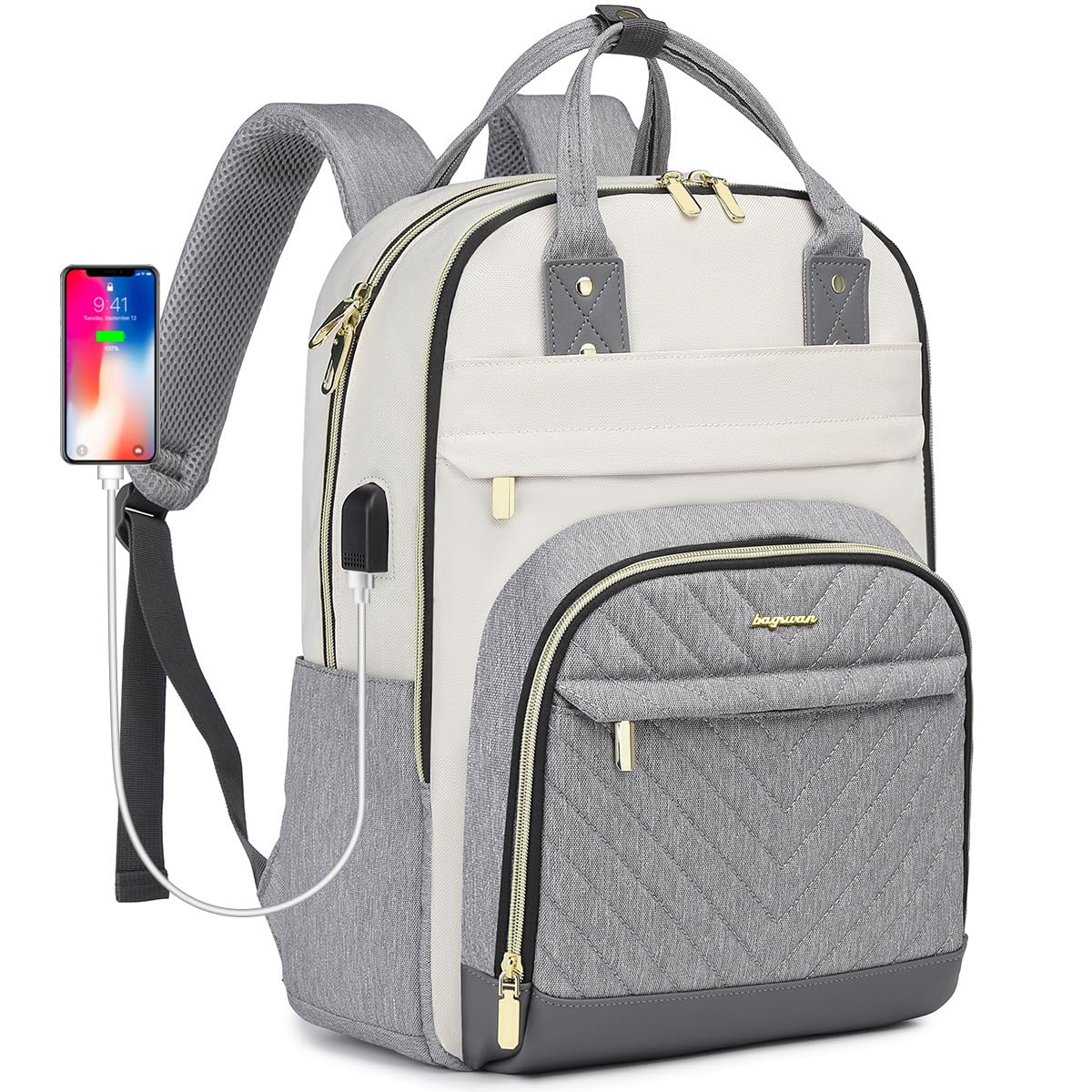 Laptop Backpack Women Work Bag - Travel Backpack Purse with USB Charger 15.6 Inch Nurse Bag College Teacher Business Backpack Waterproof Laptop Bag Beige Grey