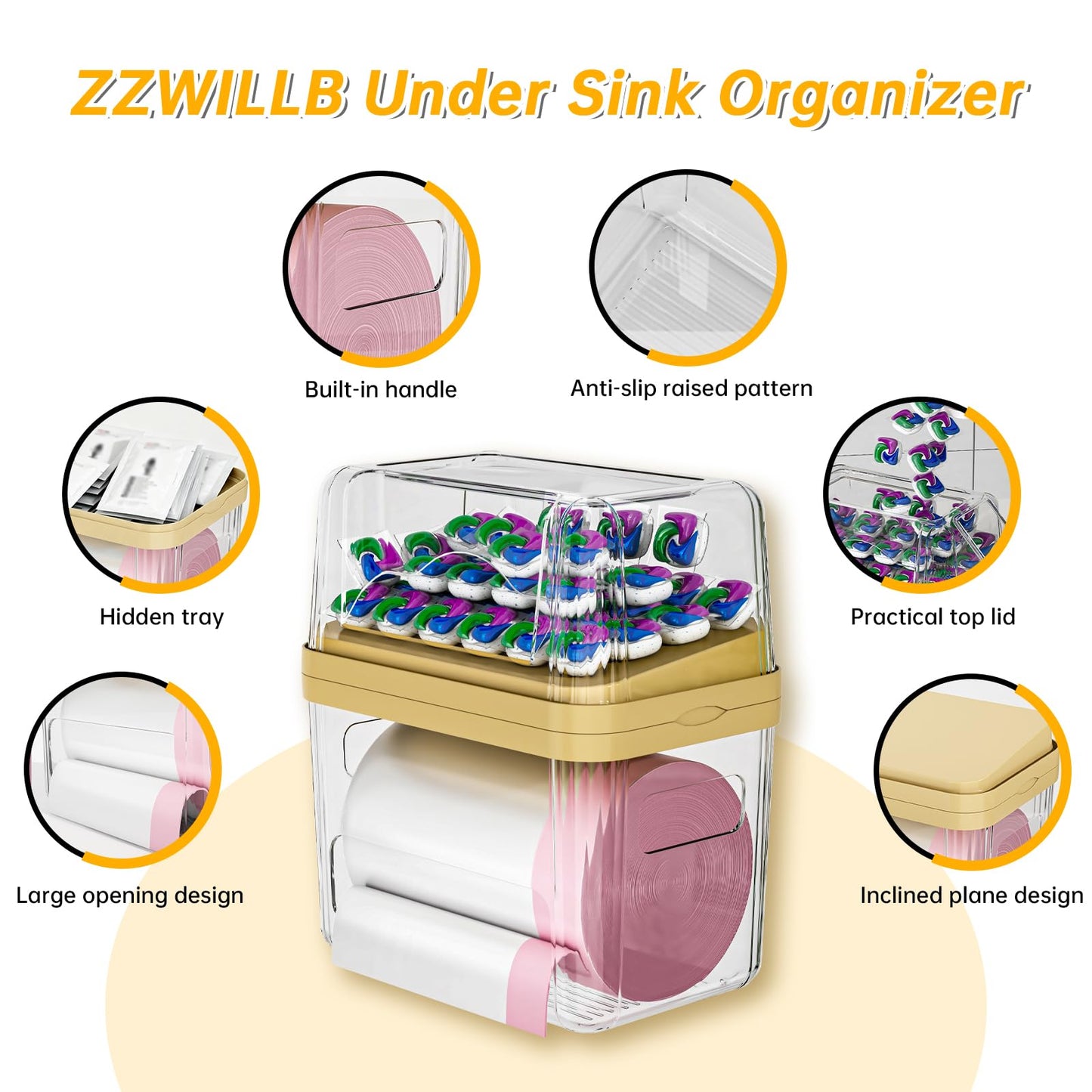 ZZWILLB 2-in-1 Trash Bag Dispenser & Laundry/Dishwasher Pods Container, Clear Acrylic Garbage Bag Holder with Removable Lids, Under Sink Organizer Kitchen Pantry Storage Box