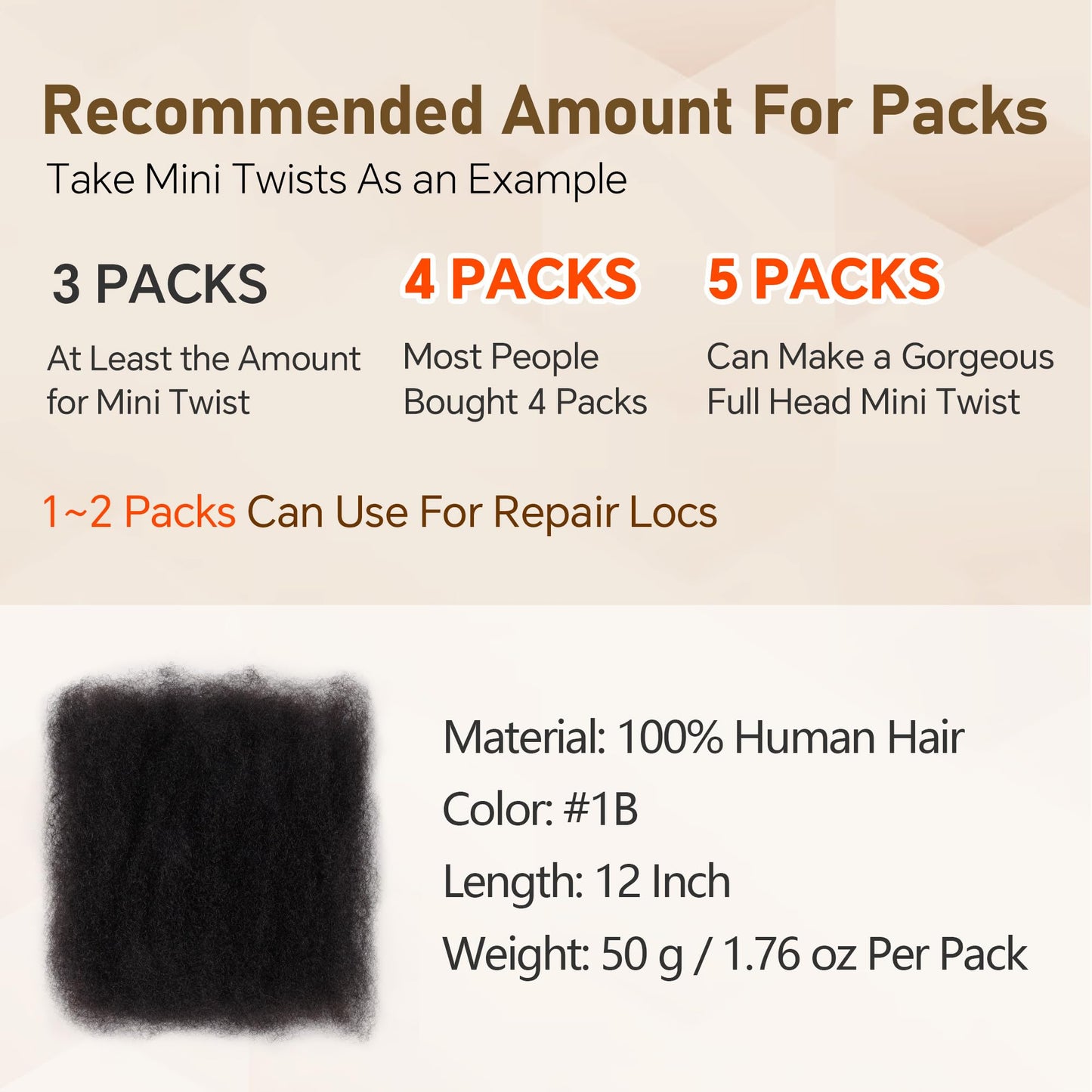 Afro Kinkys Bulk Human Hair -100% Real Human Hair for Mini Twist, Braiding, Loc Extensions & Crochet, Kinky Curly Hair Bundles, Natural Afro Bulk for Dreadlocks(1B, 12Inch) (1B, 12 Inch(Pack of 1))