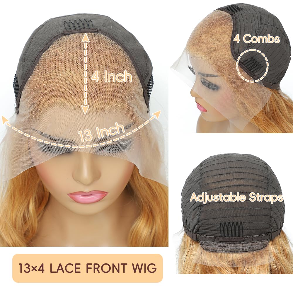 Honey Blonde HD Lace Front Wig Human Hair Pre Plucked Body Wave Honey Blonde Wig Human Hair 200% Density Lace Frontal Wigs Colored 27# 28 Inch