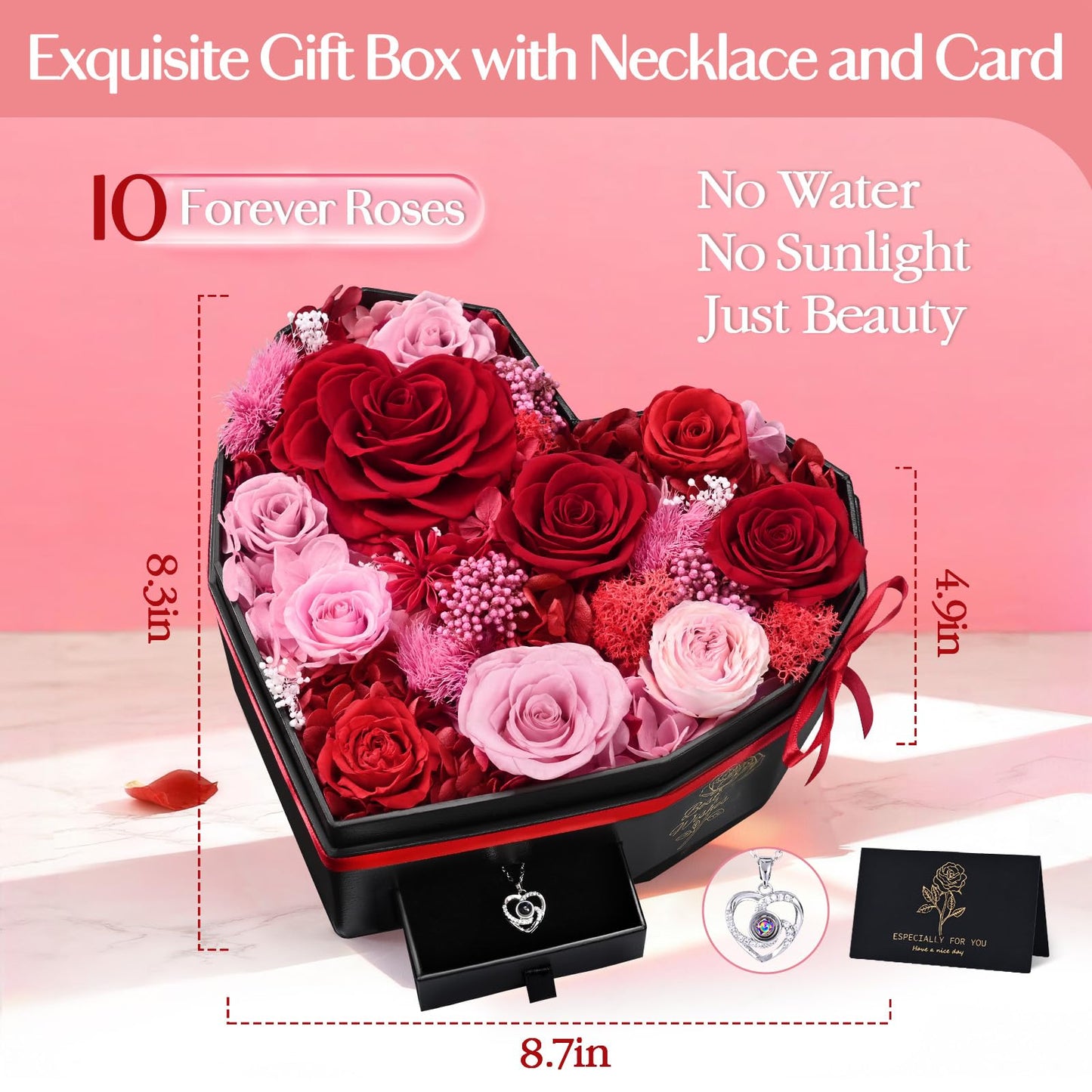 MARTINE MALL Forever Flowers for Delivery, Birthday Gifts for Women Mom 10 Preserved Real Roses in a Box Gift for Girlfriend Wife Grandma Lasting Eternal Flowers with Necklace, Red