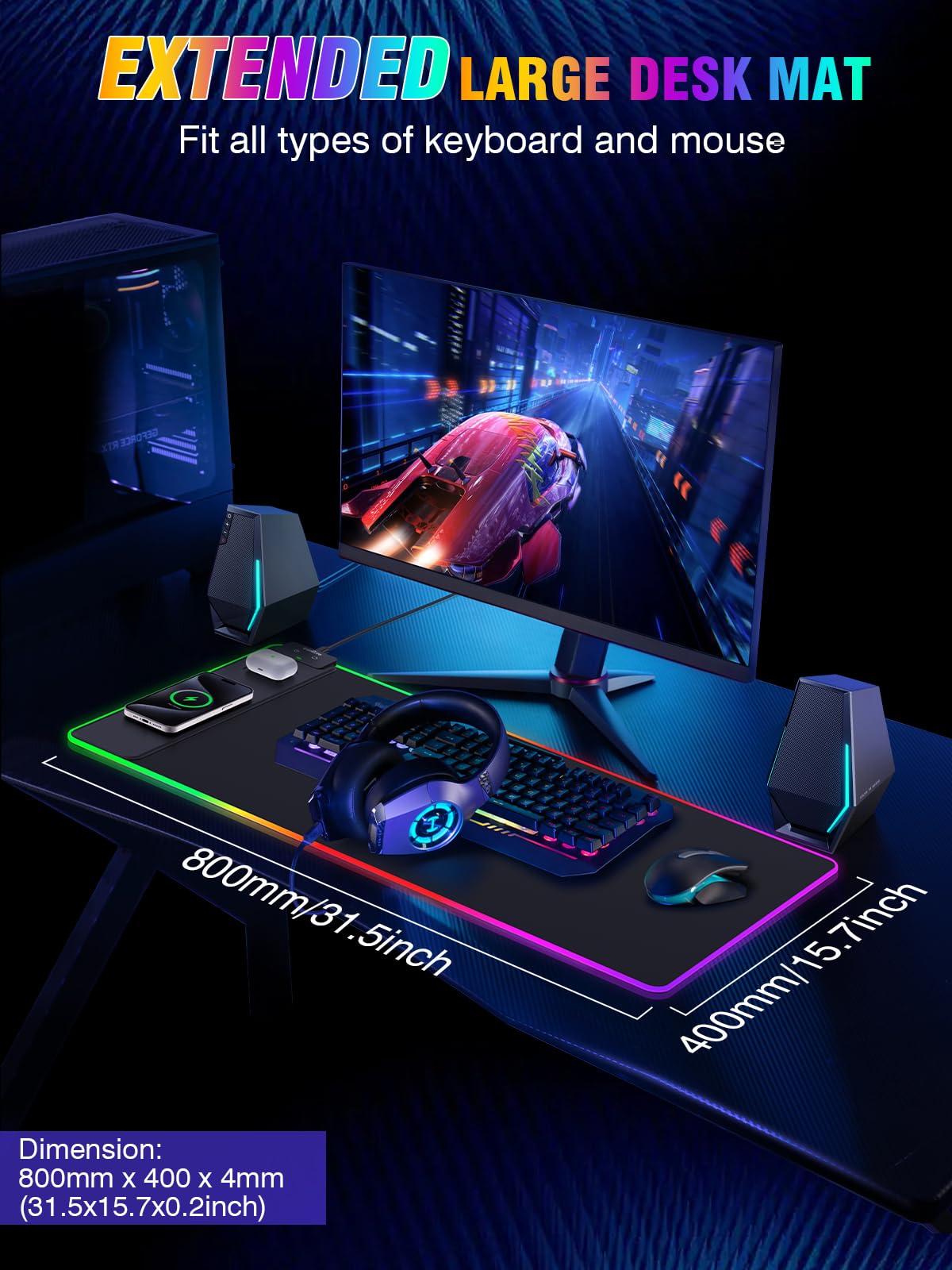 Wireless Charging Mouse Pad 15W, RGB Gaming Mouse Pad with Wireless Charger for iPhone/Airpods, 31.5"x15.7" XXL Large Desk Mat, 13 Light Modes, Magnetic Charging, Waterproof, Desk Pad for Gamer, Black