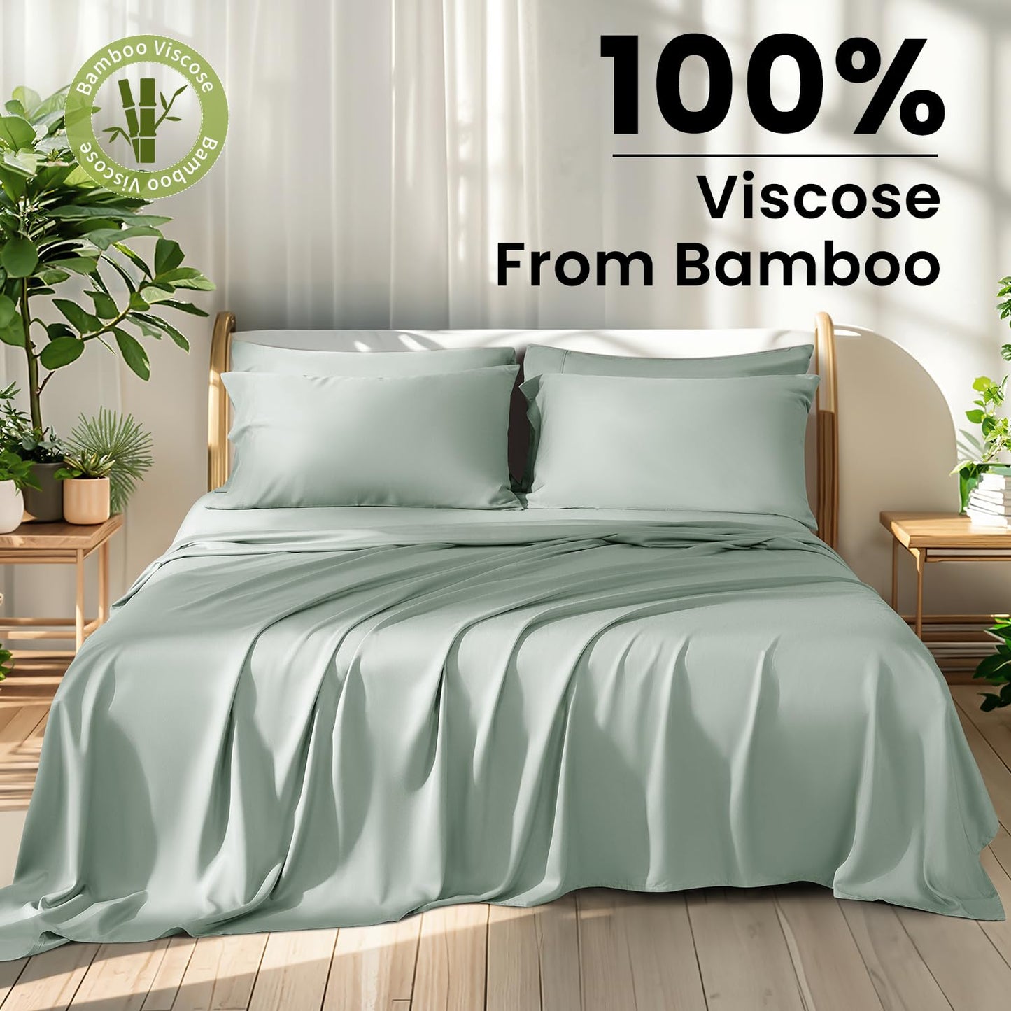 Shilucheng 100% Viscose Derived from Bamboo_Sheets, Extra Deep Pocket Sheets Fits 18"-24" Thick Mattress, Cooling & Breathable Bed Sheets 4Pcs, Hotel Silky Bedding Set (Queen,Sea Glass)