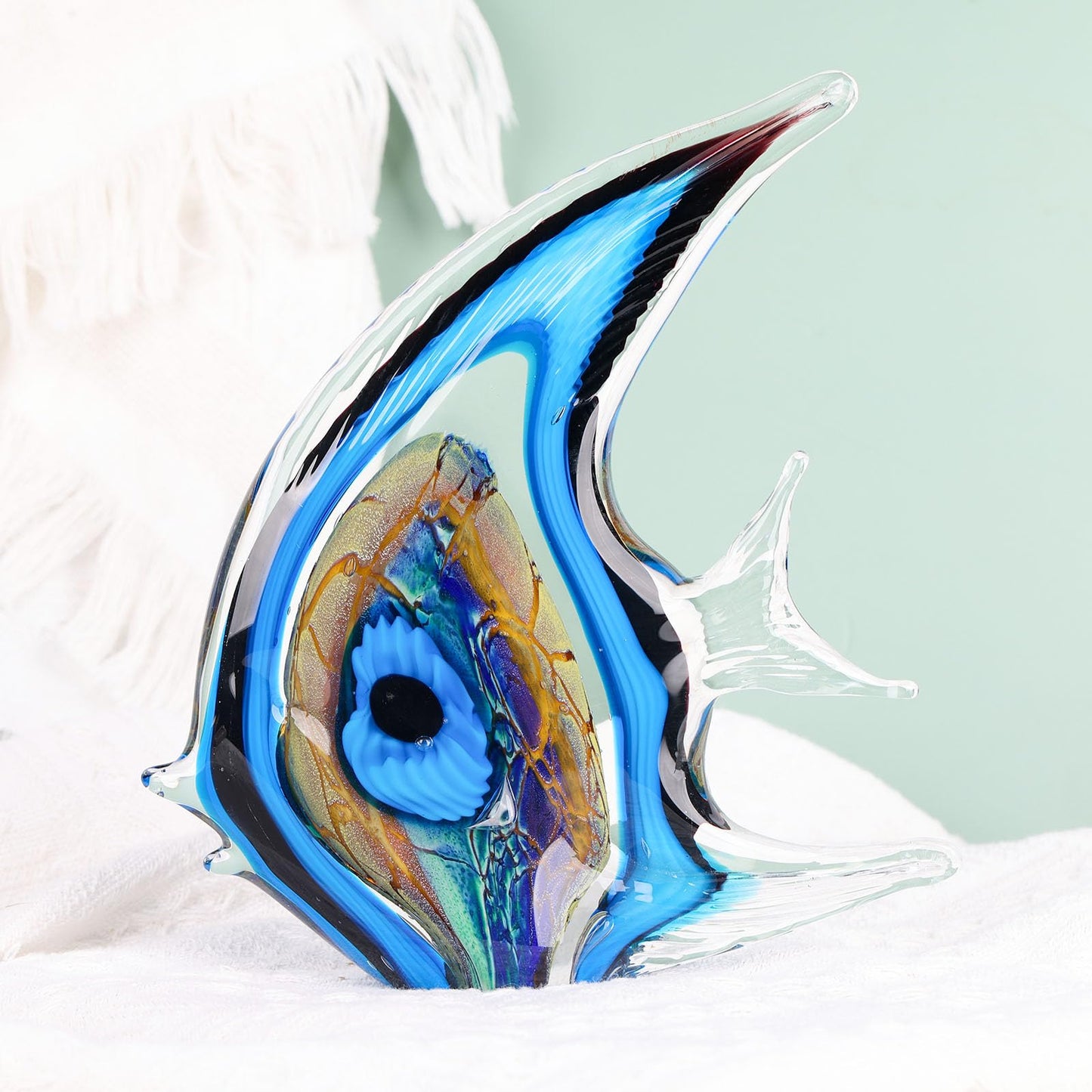 XMGZQ Hand Blown Blue Glass Fish Figurines for Home Decor Accent,Sea Glass Art Paperweights,Tropical Fish Collectables Ornaments,Sea Animal Sculptures for Coastal Beach Room Decor,Coffee Table