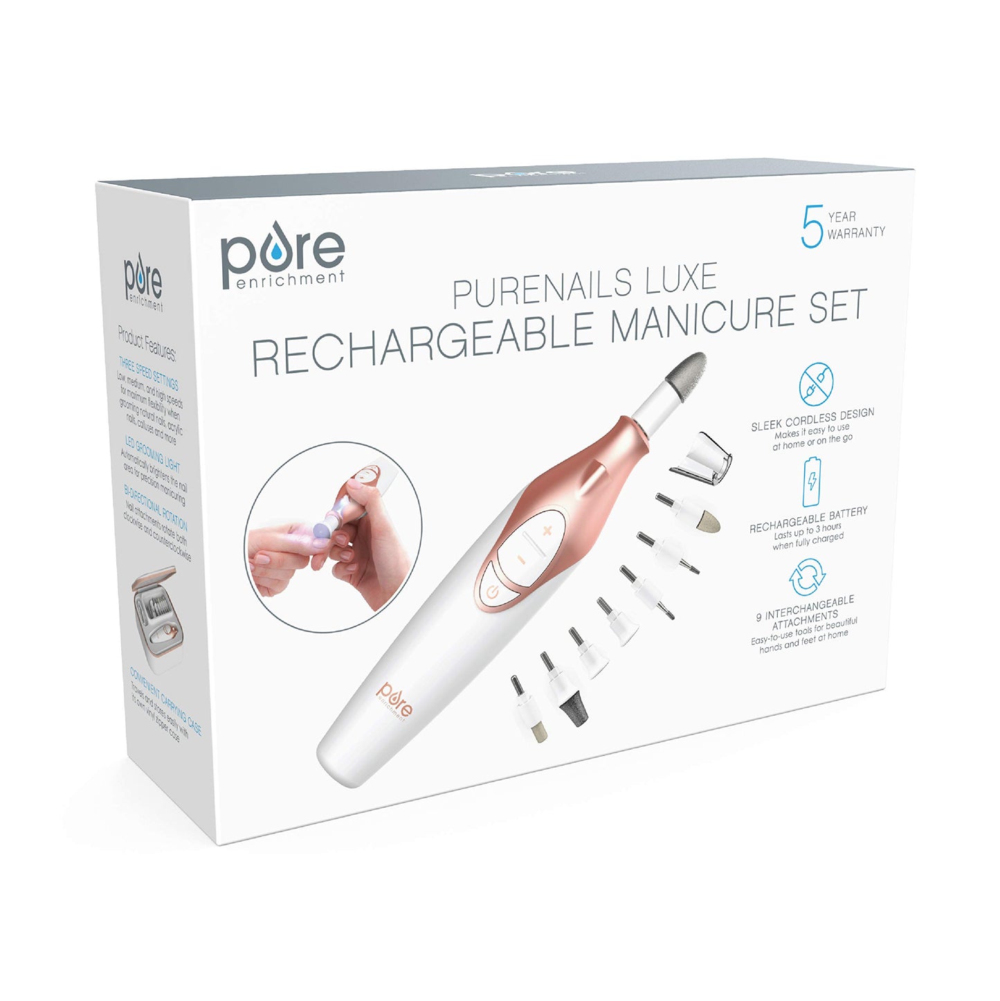 Pure Enrichment PureNails Luxe Rechargeable Manicure Set - Cordless Portable Electric Nail Drill for Acrylic Gel Nails, Manicure Pedicure with 9 Sapphire Filing Attachments and LED Grooming Light