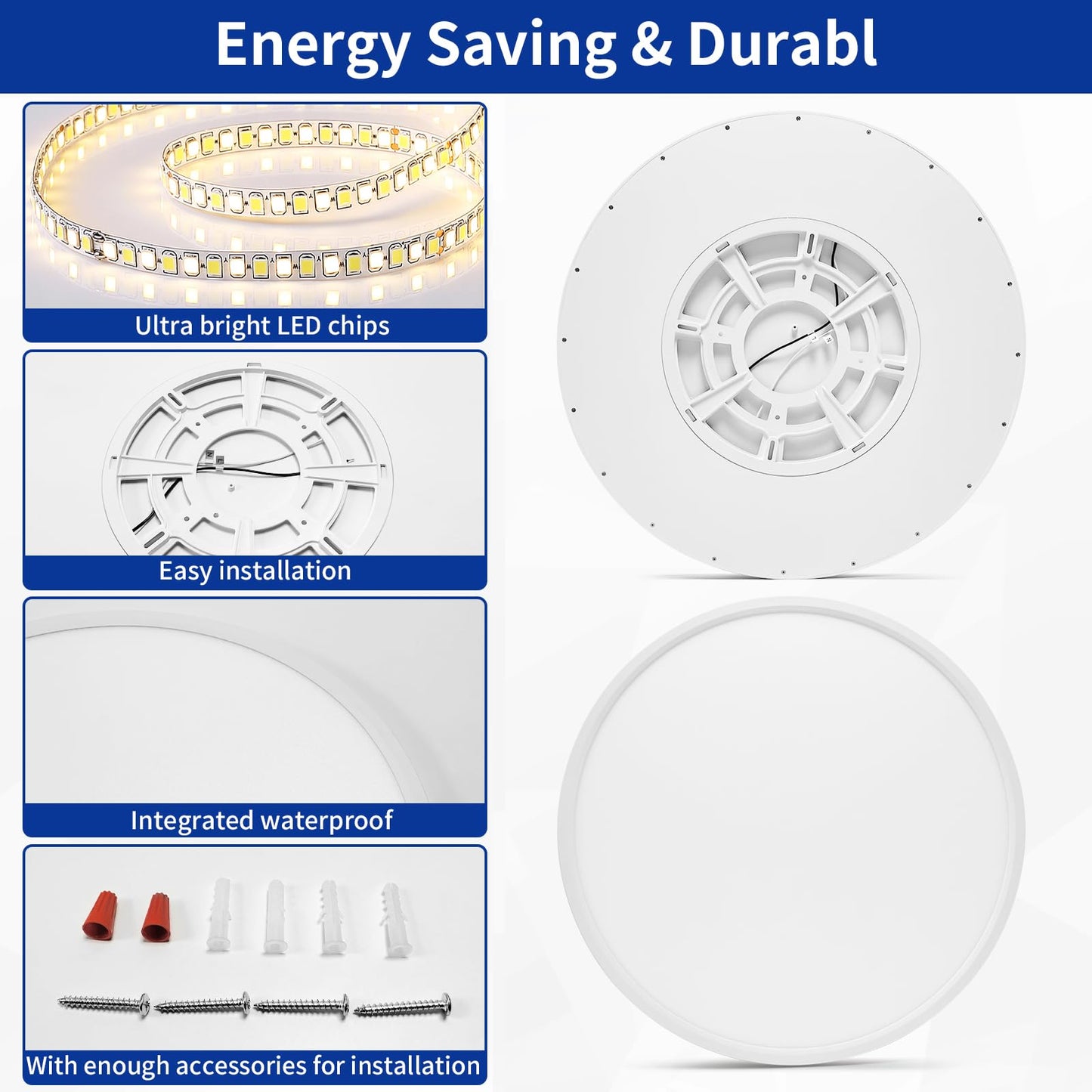 Glowall Modern 20'' Led Ceiling Light Fixture, Ultra Thin Flush Mount, Dimmable with Remote Control, 48W 4800Lumen, White, for Bedroom, Living Room, Kitchen, Dining Room, Home Office