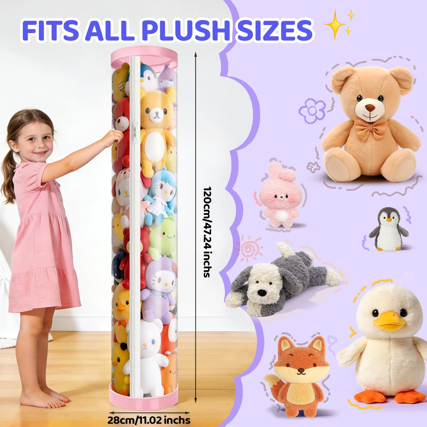 Mocuba Stuffed Animal Storage Tube, Dust-Resistant 47x11 Inches Large Capacity Toy Storage Organizer with Zipper, Easy Assembly & Space Saving for Plush Toys, Playrooms Living Rooms Bedrooms Pink