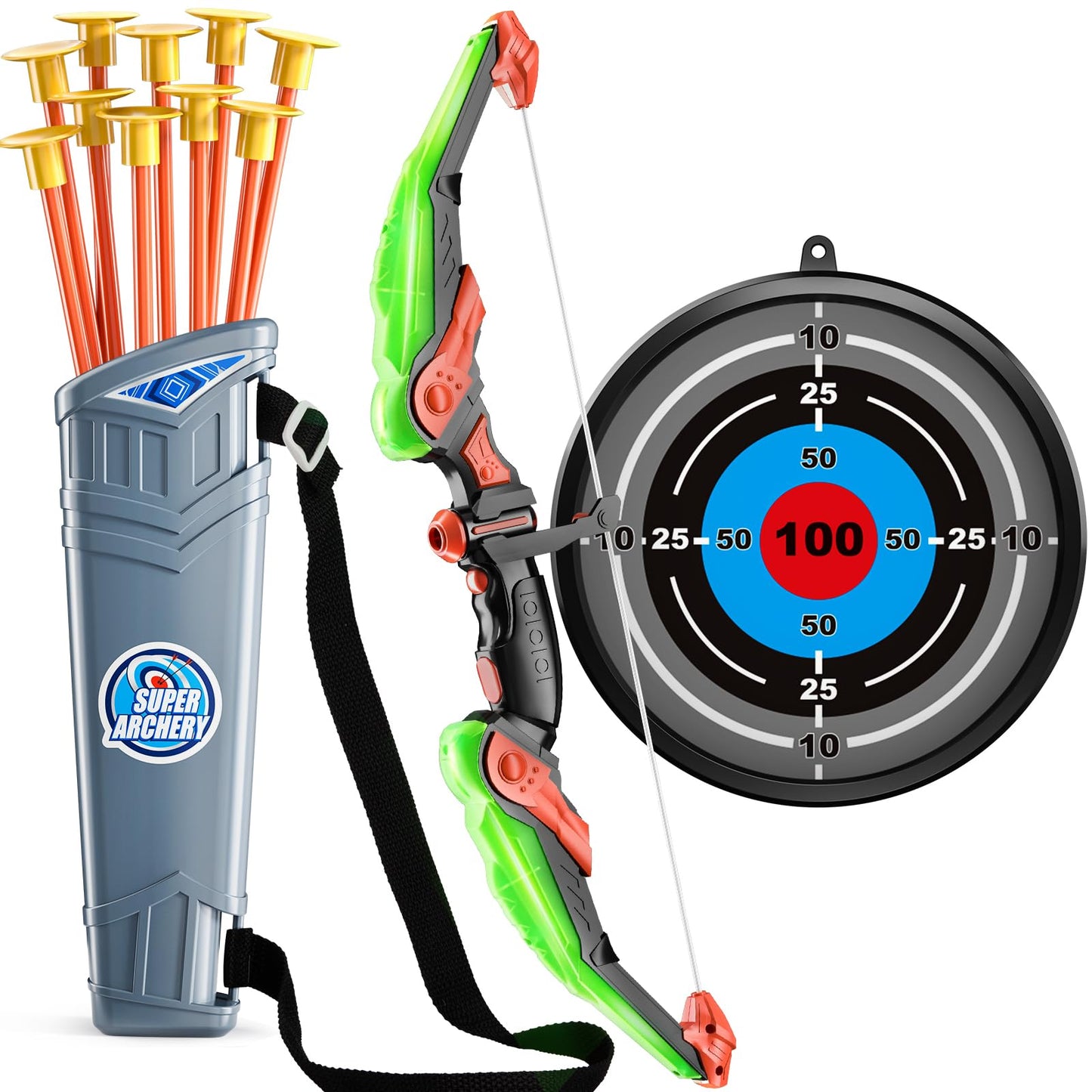 TMEI Bow and Arrow Set for Kids - Archery Toy Set - LED Light Up with 10 Suction Cup Arrows, Target & Quiver, Indoor and Outdoor Toys for Children Boys Girls(Green)