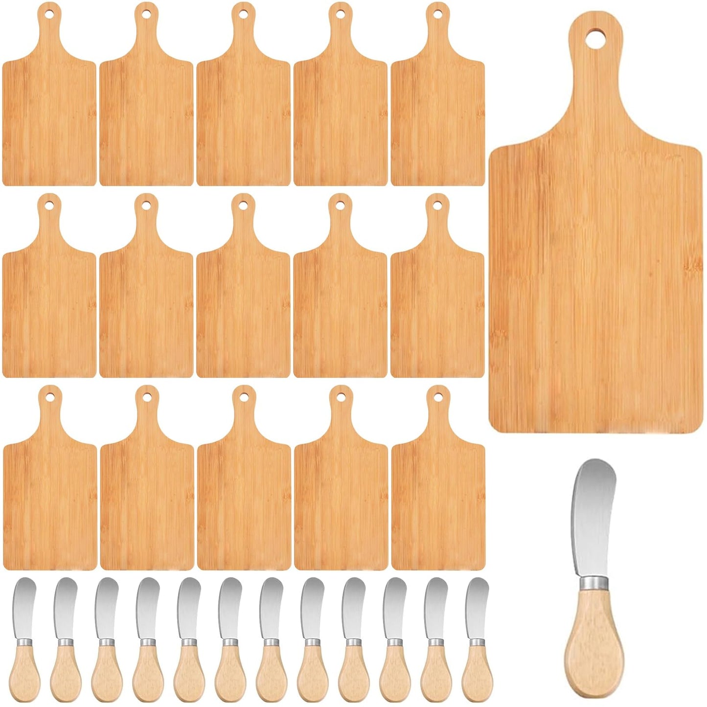 24 Pcs Bamboo Cutting Board Set with 24 Pcs Cheese Knives, 11" x 5" Individual Charcuterie Boards, Blank Laser Engraving Boards & Butter Knives Bulk Set, Perfect for Kitchen, Gifts, Home Decor