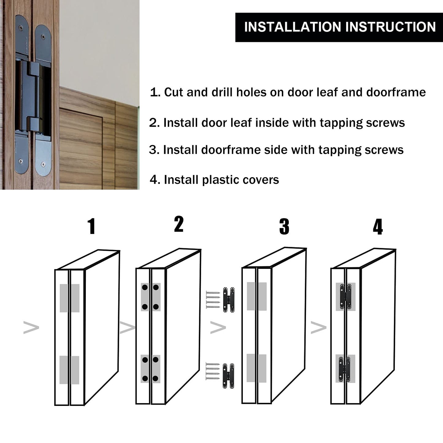 MARNER 2 Set 6 Inch Hidden Door Hinges Zinc Alloy Heavy Duty Invisible Hinge 180 Degree Swing Concealed Hinge 3 Way Adjustable Butt Hinge 6 x 2.5 x 1 Inch Black (2 Hinges)
