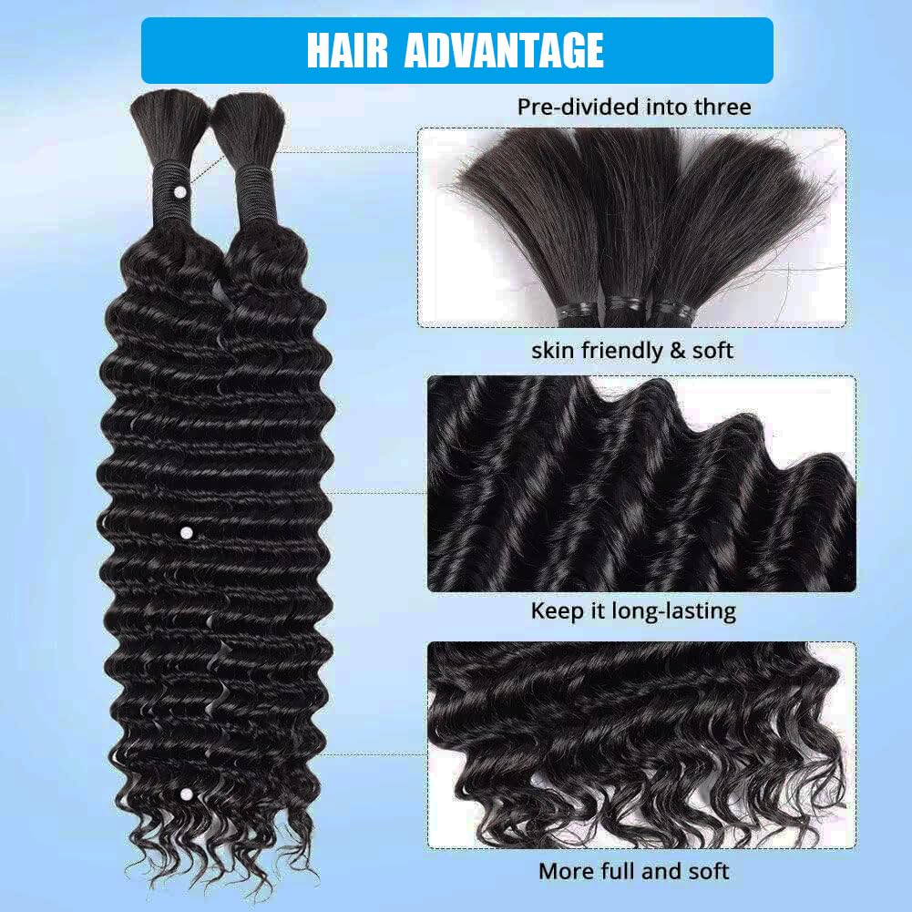 Human Braiding Hair Boho Braids Human Hair 110g 20 Inch Deep Water Wave Bulk Human Hair for Braiding No Weft Bundle 12A Brazilian Virgin Curly Hair Extensions Wet and Wavy Human Hair Braiding Hair