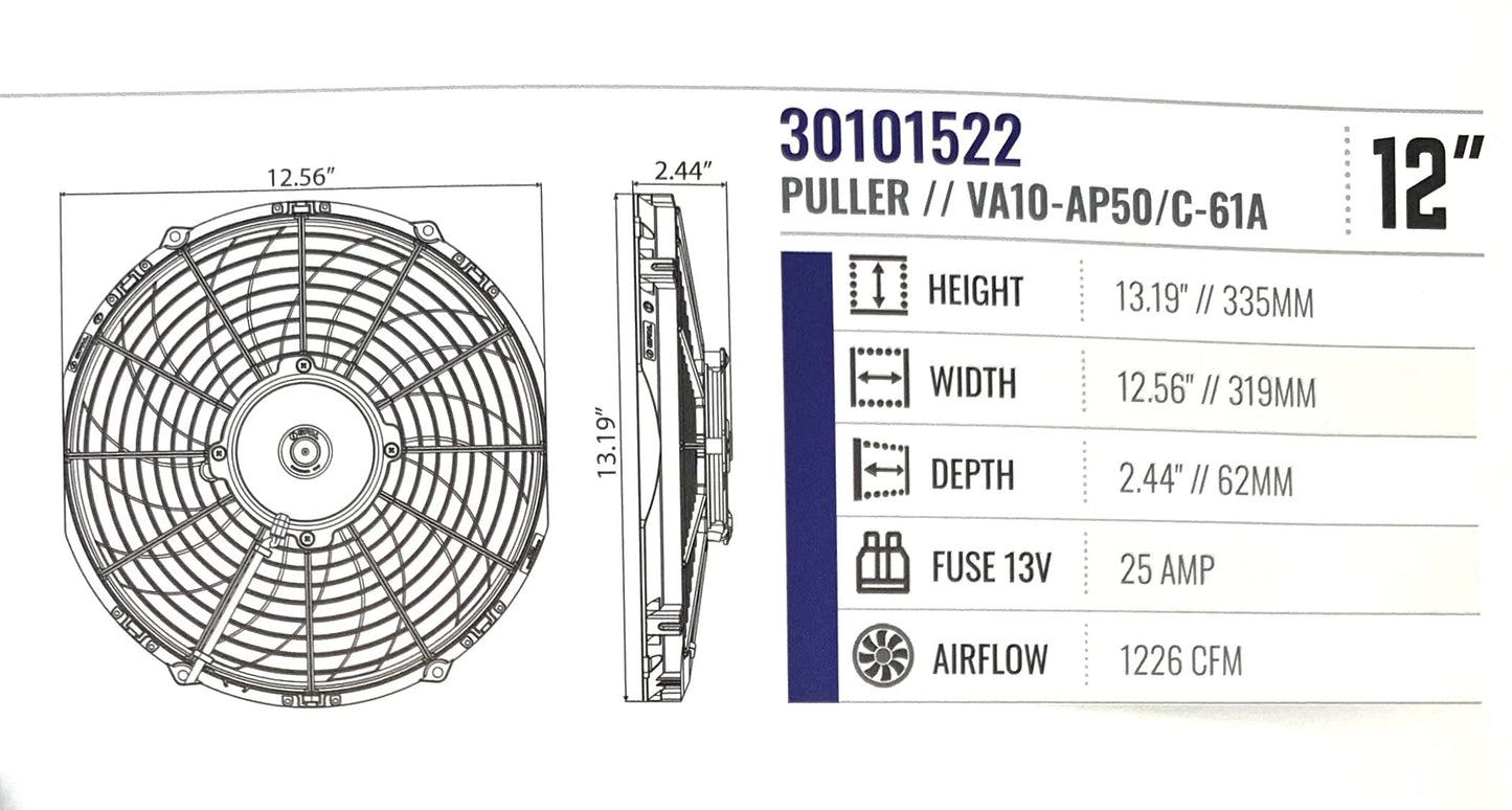 SPAL 30101522 12" Fan Puller Curved Blades 12 Volt High-Performance 1226 cfm VA10-AP50/C-61A