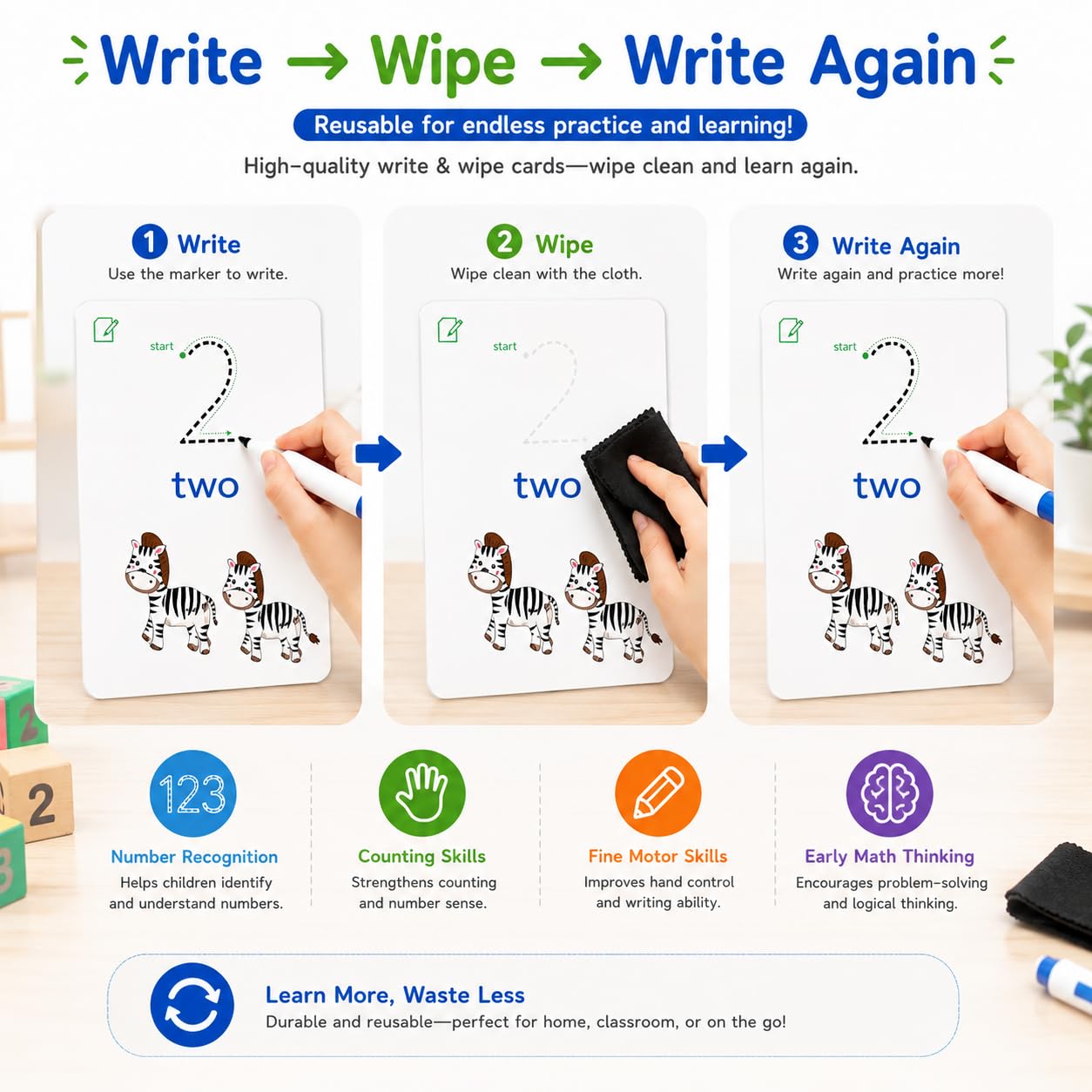 Write & Wipe Activity Cards for Kids, Reusable Tracing Flash Cards, Preschool Handwriting Practice Set, Letter Number Math Learning Activities Ages 3-6 (Number Tracing)