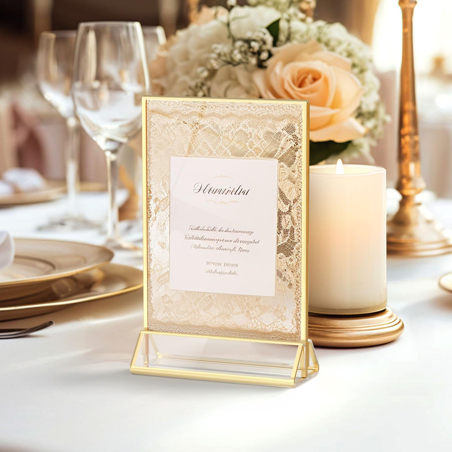 HIIMIEI 18 Pack Gold Sign Holders 4x6'' Acrylic Double Sided Table Menu Display Stand, Wedding Table Numbers Holder