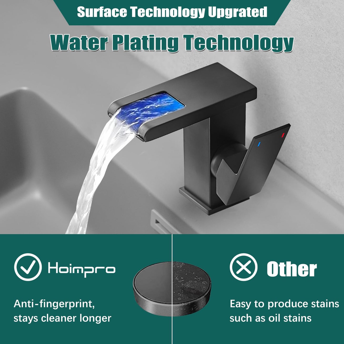 Hoimpro LED Waterfall Bathroom Faucet Matte Black, Single Handle Bathroom Sink Faucet 1 Hole, 3 Colors Light Changing vanity faucet, with Pop-up Drain and cUPC Supply Lines, Stainless Steel