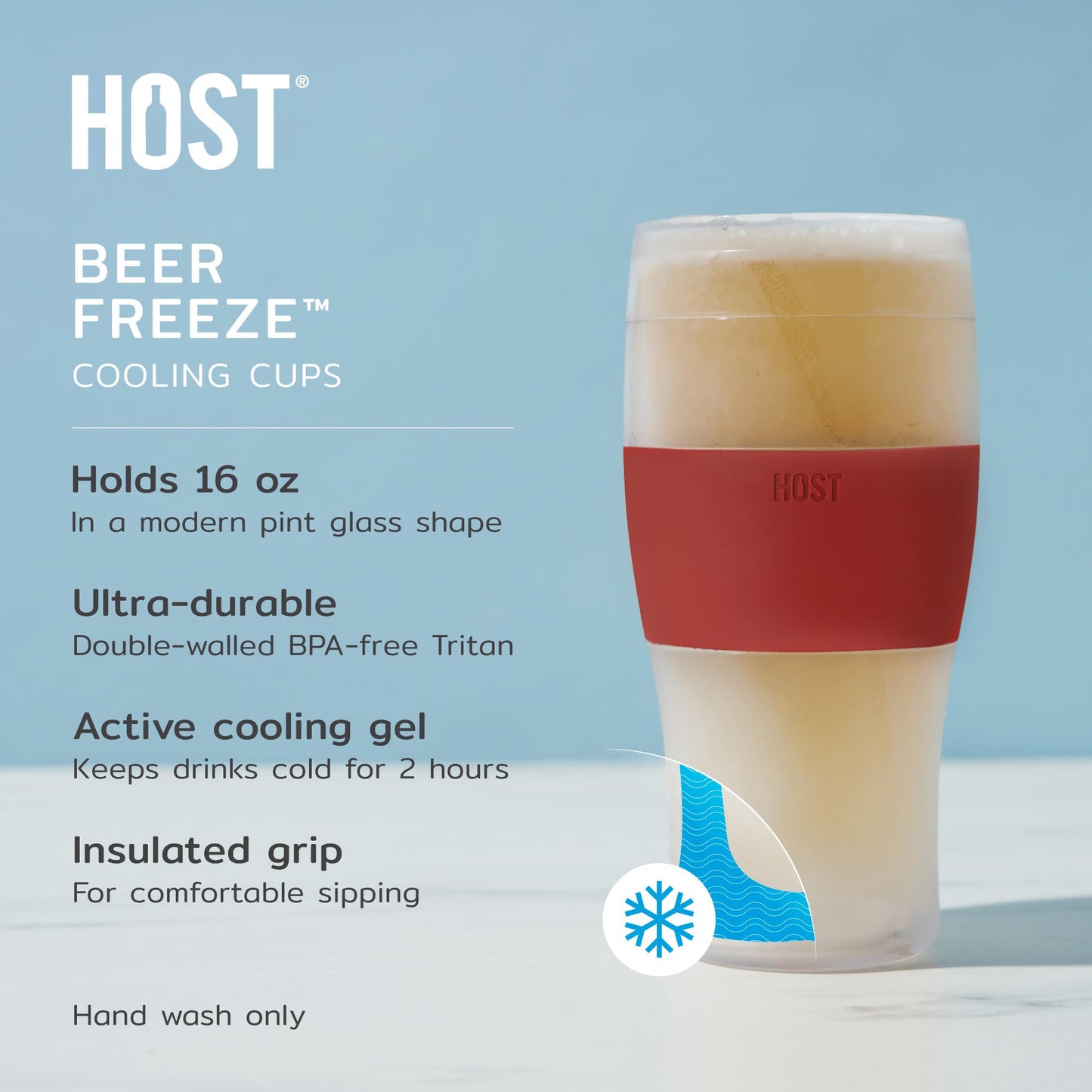 Host FREEZE Beer Glasses, Frozen Brew Mugs, Freezable Pint Glass Set, Insulated Beer Glass to Keep Your Drinks Cold, Double Walled Insulated Glasses, Gift for Dad, 16oz, Set of 2, Crimson Red