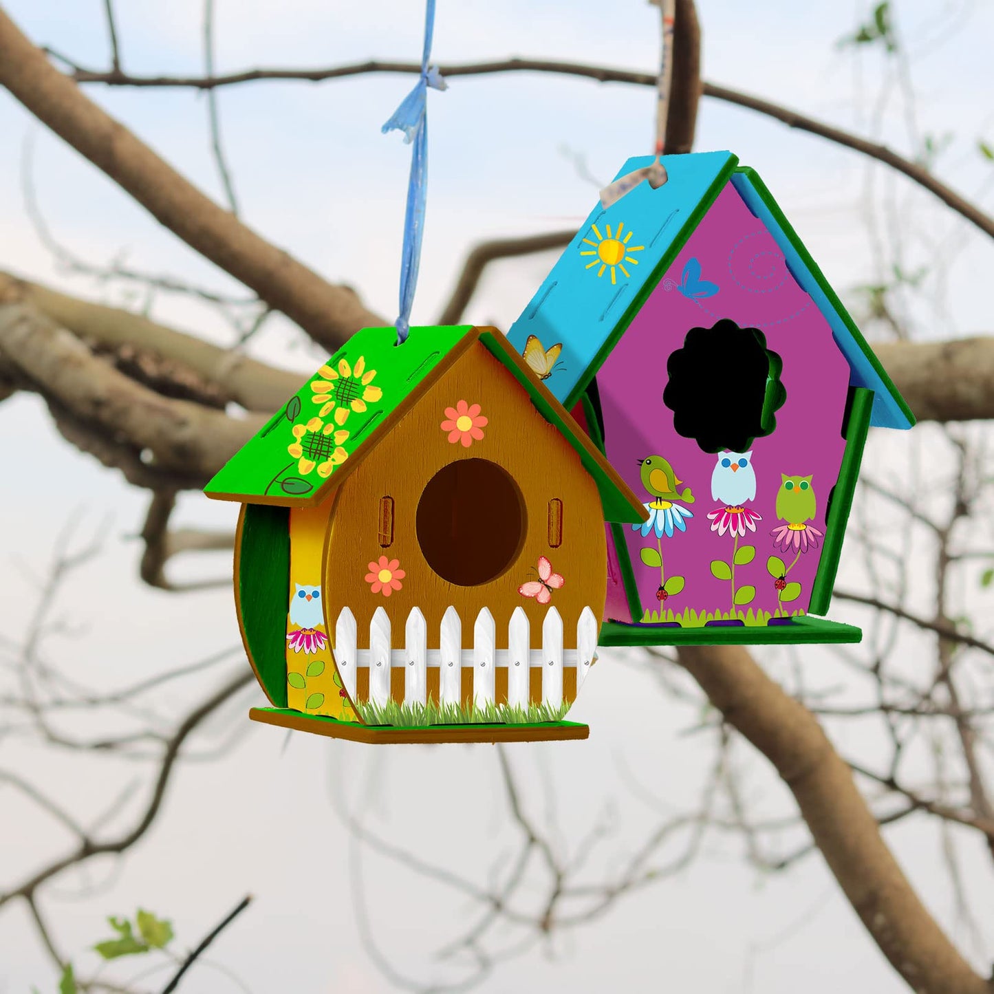 Sawysine 107 Pcs DIY Birdhouse Kits for Kids Ages 5-8 8-12, 48 Wooden Bird House Kits in 6 Shapes and 57 Butterfly Sticker for Children Spring Craft Activity Art DIY Project(Cute Style)