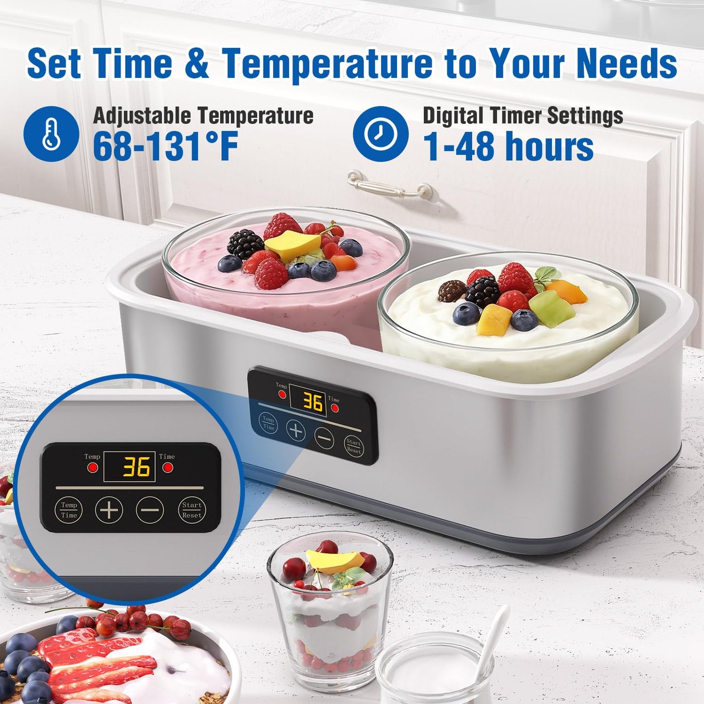 Yogurt Maker with Adjustable Time and Temp Control, Yogurt Maker Machine with Automatic Shut-Off & Constant Temper for Homemade Probiotic, Greek Yogurt, BPA-Free 2 Bowls 2 Quart (Grey)