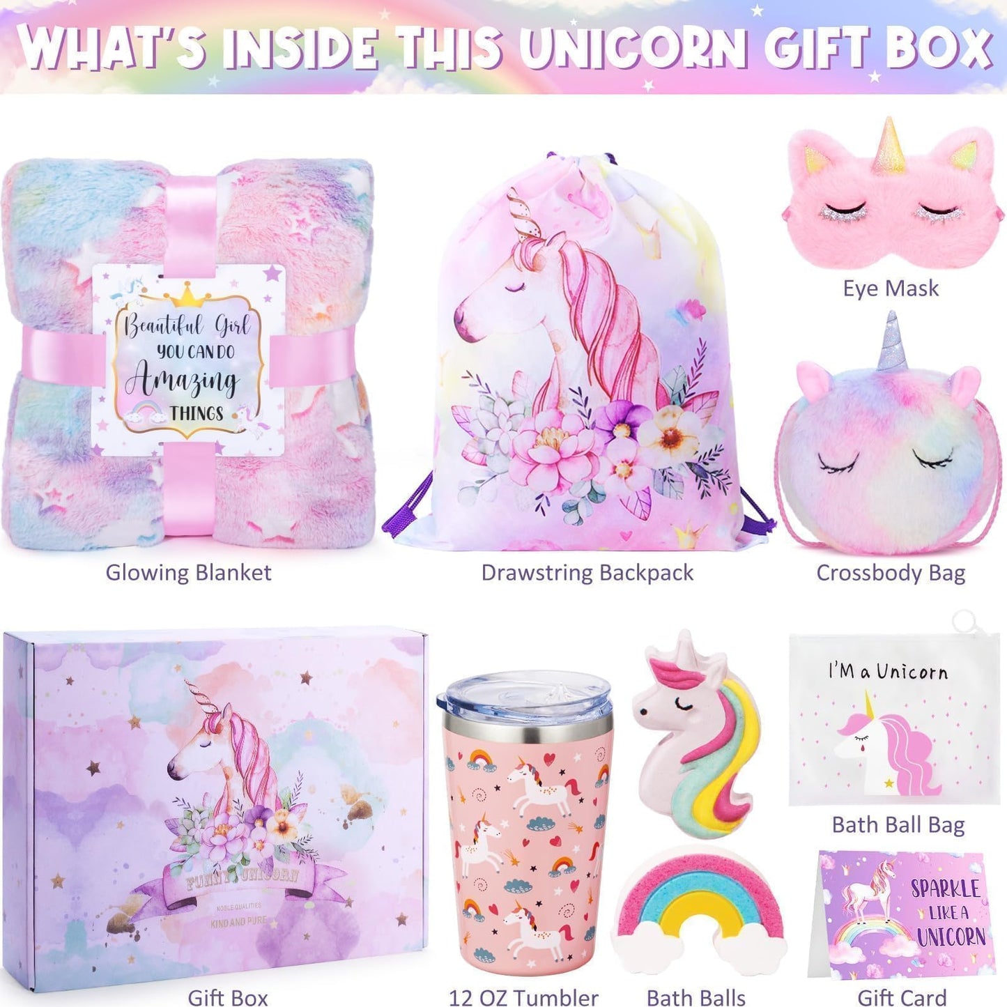 Unicorn Gifts for Girls 4-6 6-8, Birthday Valentines Gifts Set for Girls Age 4 5 6 7 8 9+ Year Old Tween Teen Girl Trendy Stuff Kids Unicorn Toys with Glow in The Dark Blanket Purse for Daughter Niece