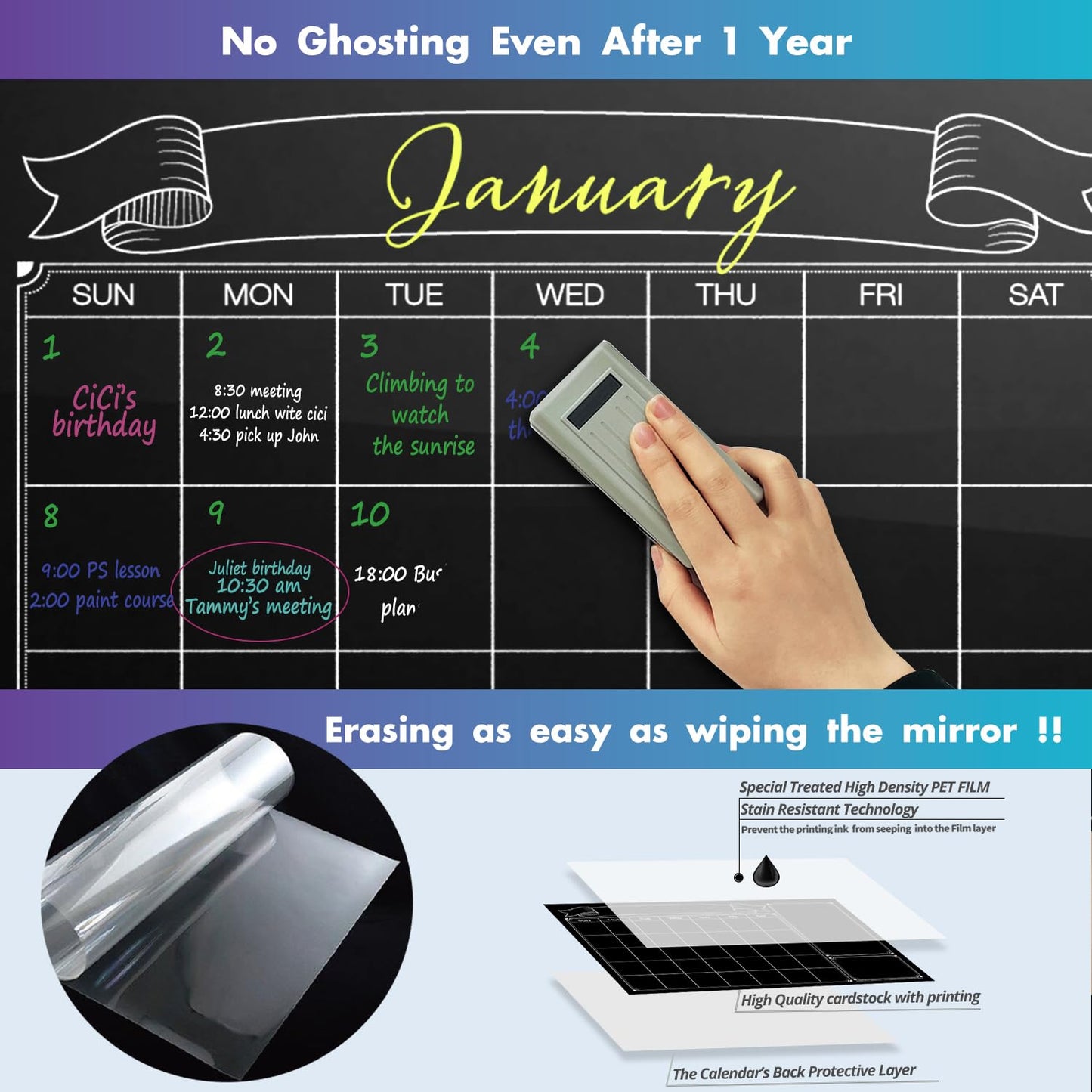 Extra Large chalkboard calendar for wall, 38x50 inch big black chalk board calendar, jumbo Monthly Laminated whiteboard calendar, huge erasable dry erase calendar planner