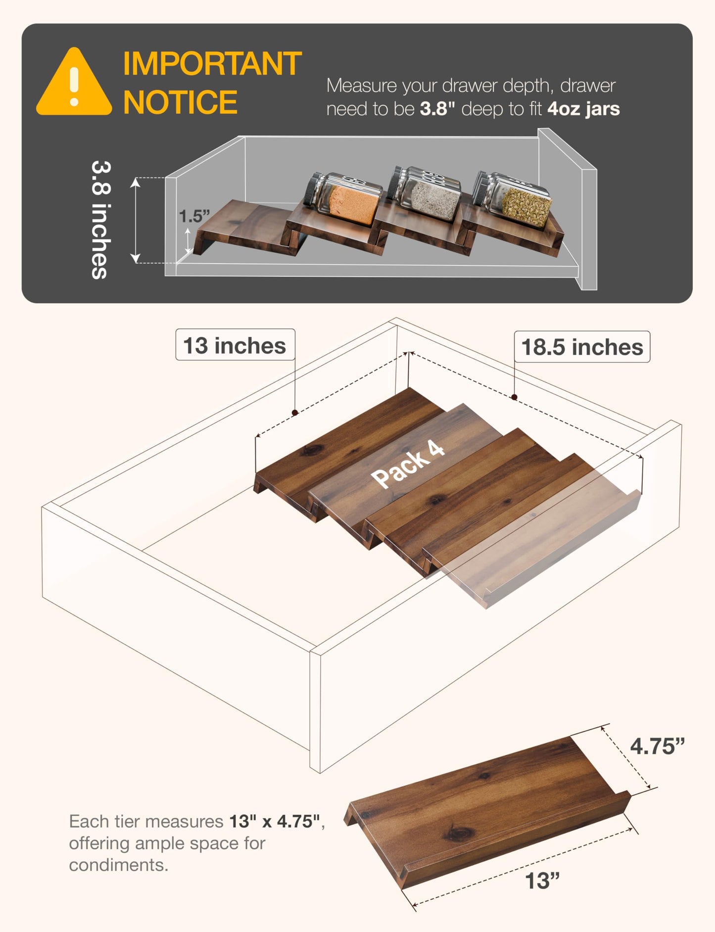 Tinamo Acacia Wooden Spice Rack Organizer for Cabinet - Spice Drawer Insert, Spice Organization for Cabinet, Seasoning Organizer, Spice Holder Pack of 8 (Walnut, Pack 8)