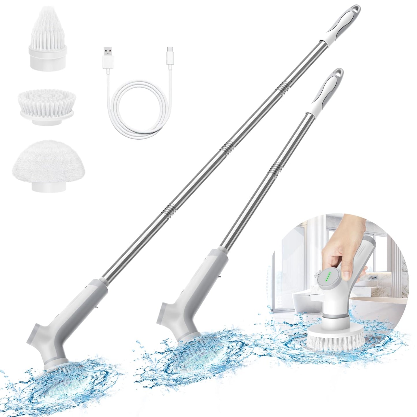 VEWIOR Electric Spin Scrubber, Cordless Cleaning Brush with 3 Adjustable Angle 2 Speeds 3 Replaceable Brush Heads, Electric Cleaning Brush for Floor Bathroom Tub Tile Kitchen Window