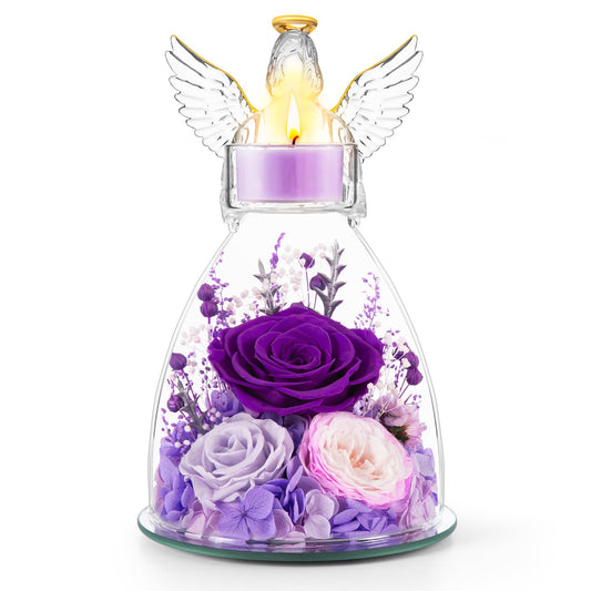 AIMEYE Mothers Day Roses Gifts for Mom, Preserved Roses in Glass Angel Figurines with Tealight Candle Holder,Fresh Flowers for Delivery,Mothers Day Flowers Gifts for Grandma Women Wife from Daughter
