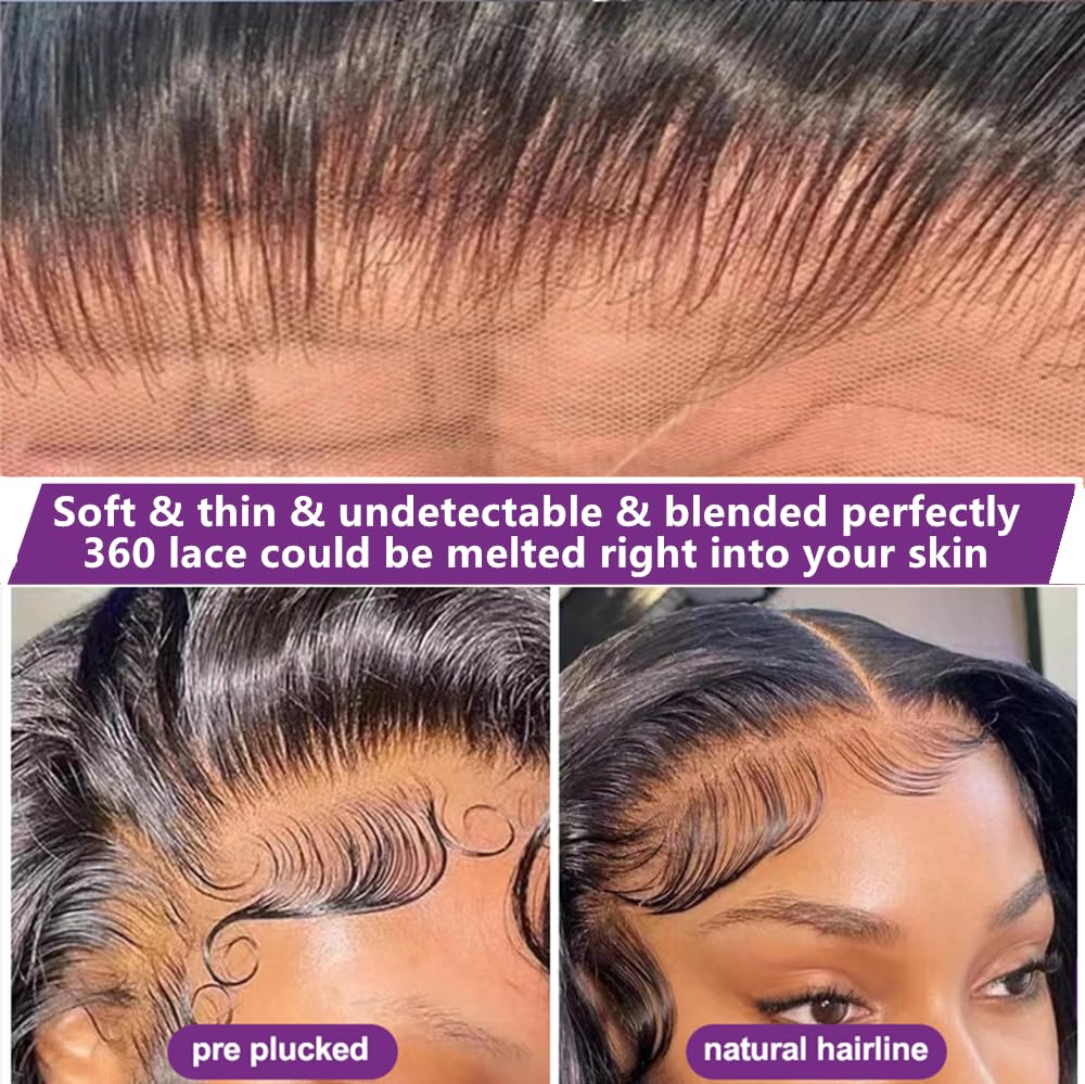 Uonoco 360 Lace Front Wigs Human Hair Pre Plucked 360 HD Full Lace Frontal Black Wigs Human Hair Pre Plucked Body Wave Transparent Lace Front Wigs Human Haiir for Women With Baby Hair 20 Inch