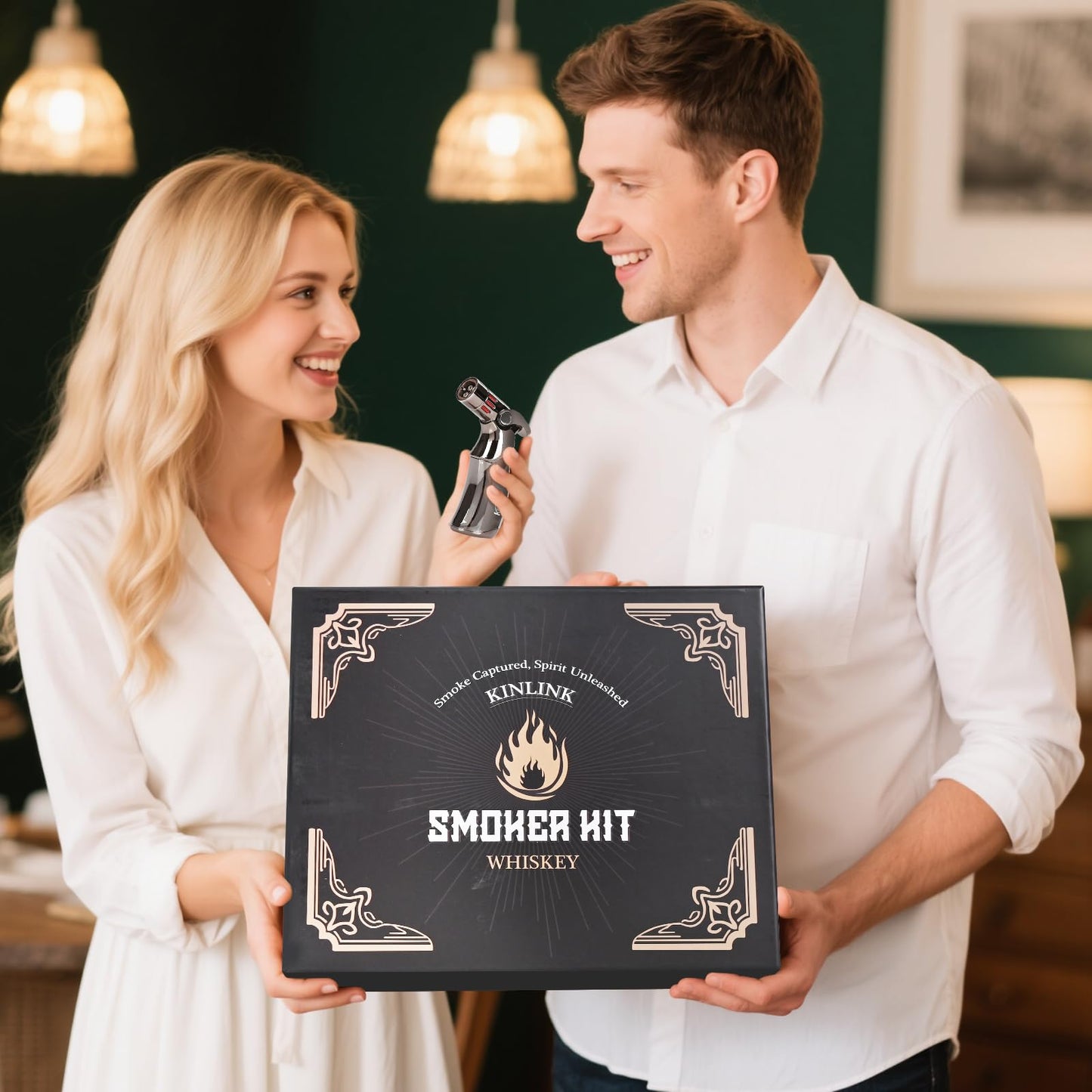 Whiskey Smoker Kit with Torch - No Butane, 6 Flavors Wood Chips, 2 Whiskey Glasses, 2 Round Ice Cube Mold, Old Fashioned Smoker Kit Cocktail Smoker Drink Smoke, Anniversary Birthday Gifts for Men Dad