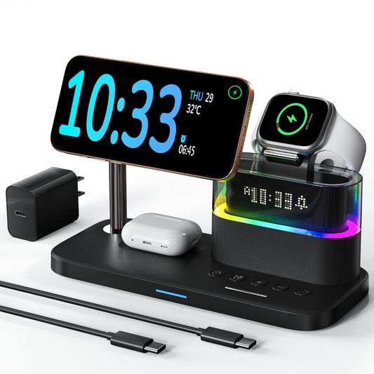 5 in 1 Wireless Charging Station for Apple,Mag-Safe Charger with Alarm Clock Night Light for Multiple Devices,Nightstand Charging Station for iPhone 17/16/15/14/13/12,Apple Watch Series,Air-Pods