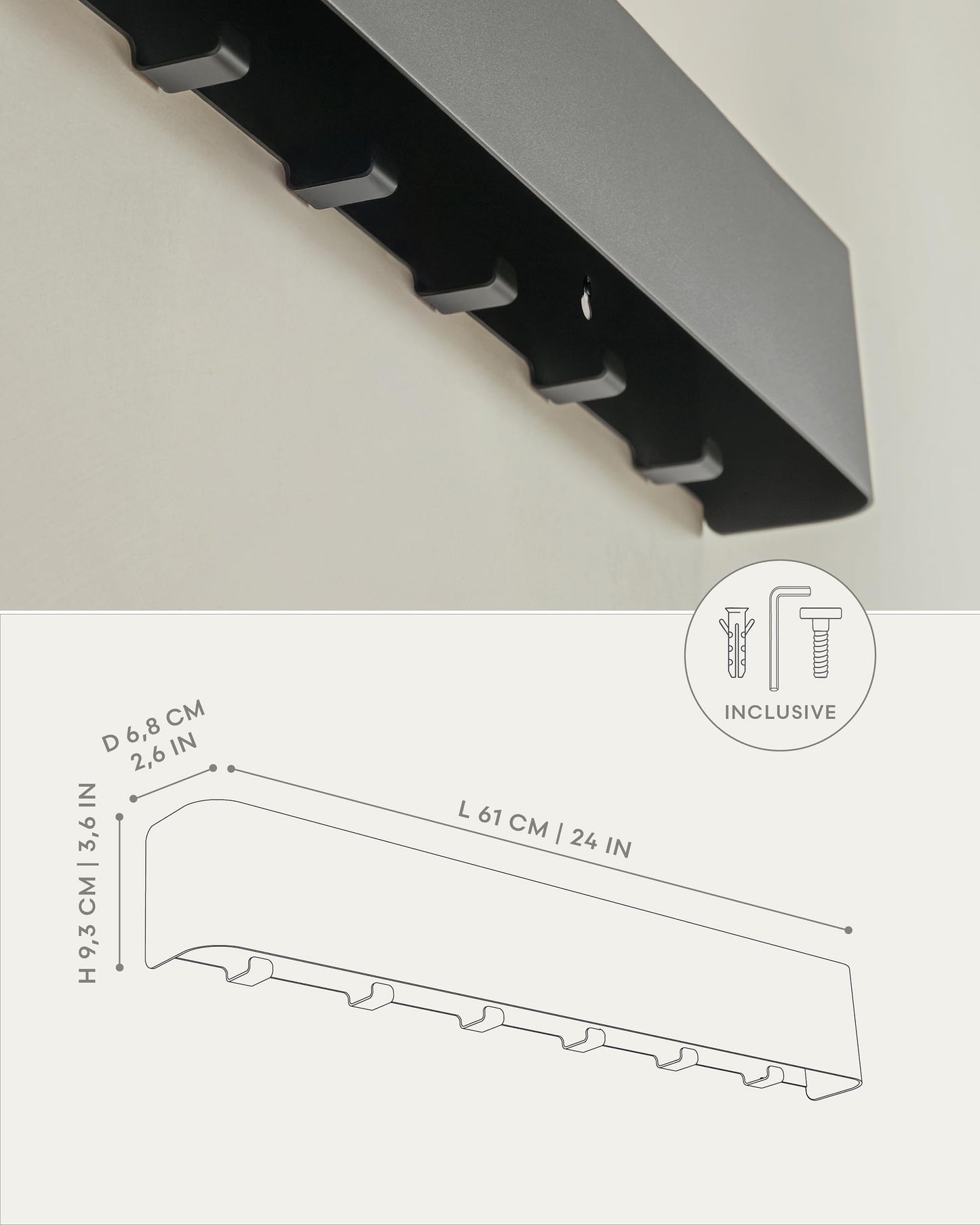 Kazai. Coat Rack Wall Mount with Shelf 'Tone' | Modern Design Coat Hanger with Hidden Hooks and Storage | Hat Rack with Shelf in Metal | Wall-Mounted Purse Organizer | Black