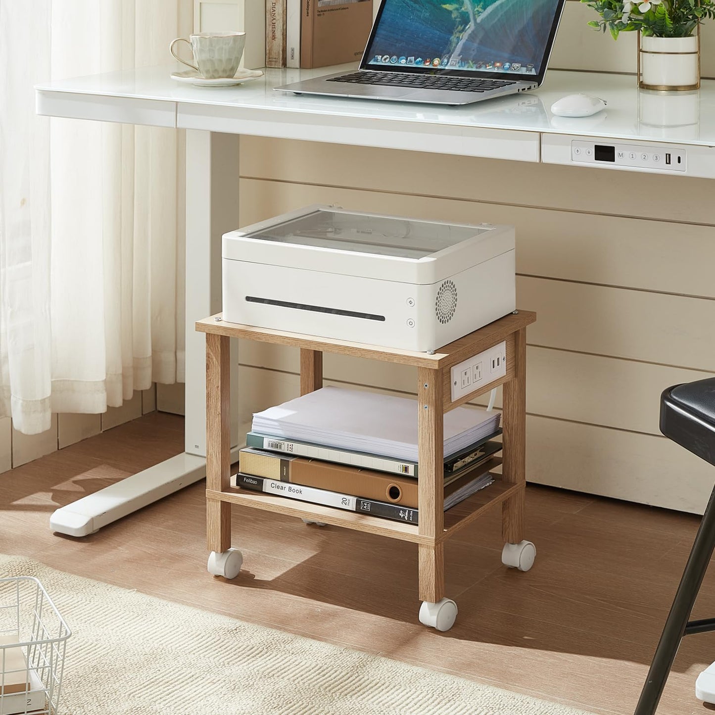 YUFAM 2 Tier Under Desk Printer Stand with Storage, Small Printer Table with Charging Station, Rolling Printer Cart Shelf with Lockable Wheels for Home, Office (Natural)