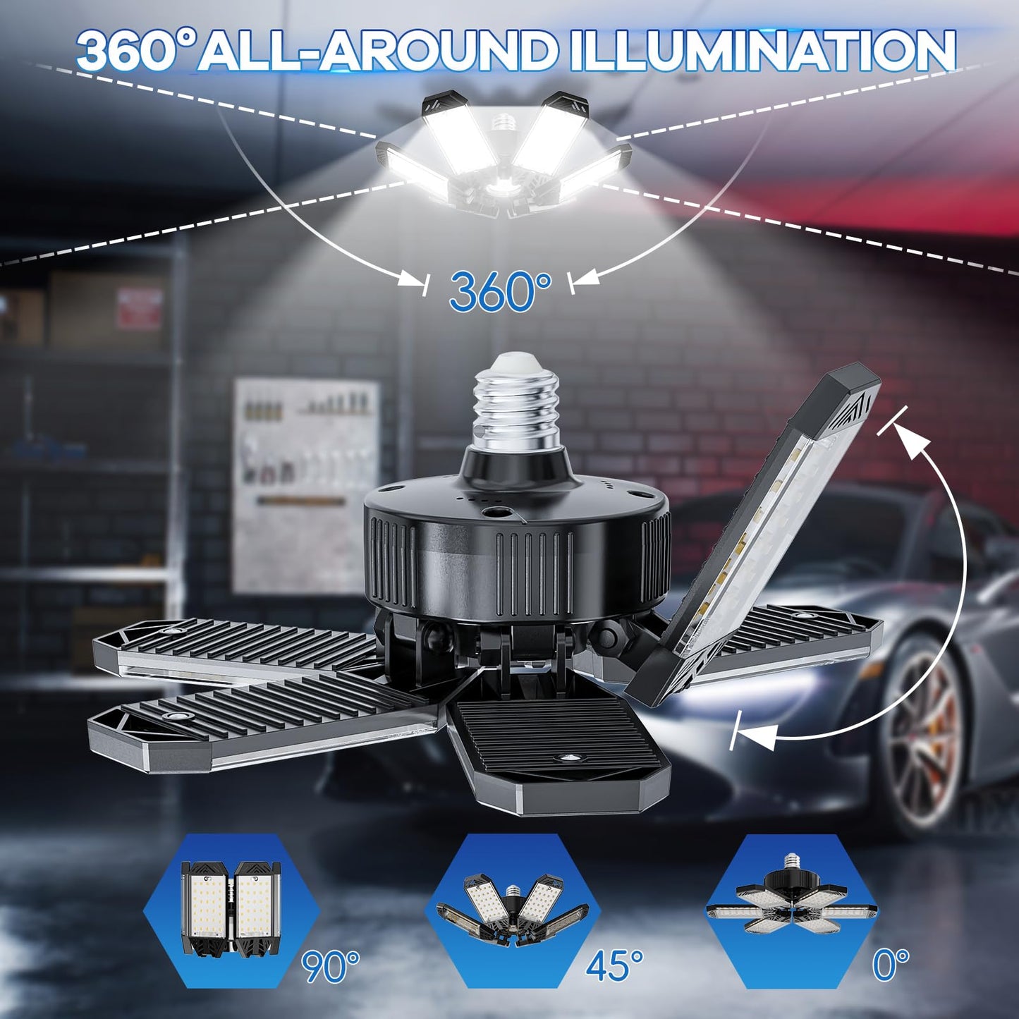 XINGHUANLIT Garage Lights 6 Pack - 200W 20000LM Garage Lights Ceiling LED 6500K, Screw in Shop Lighting with 6+1 Adjustable Panels for E26/E27 Bulb Socket, for Workshop Basement Barn