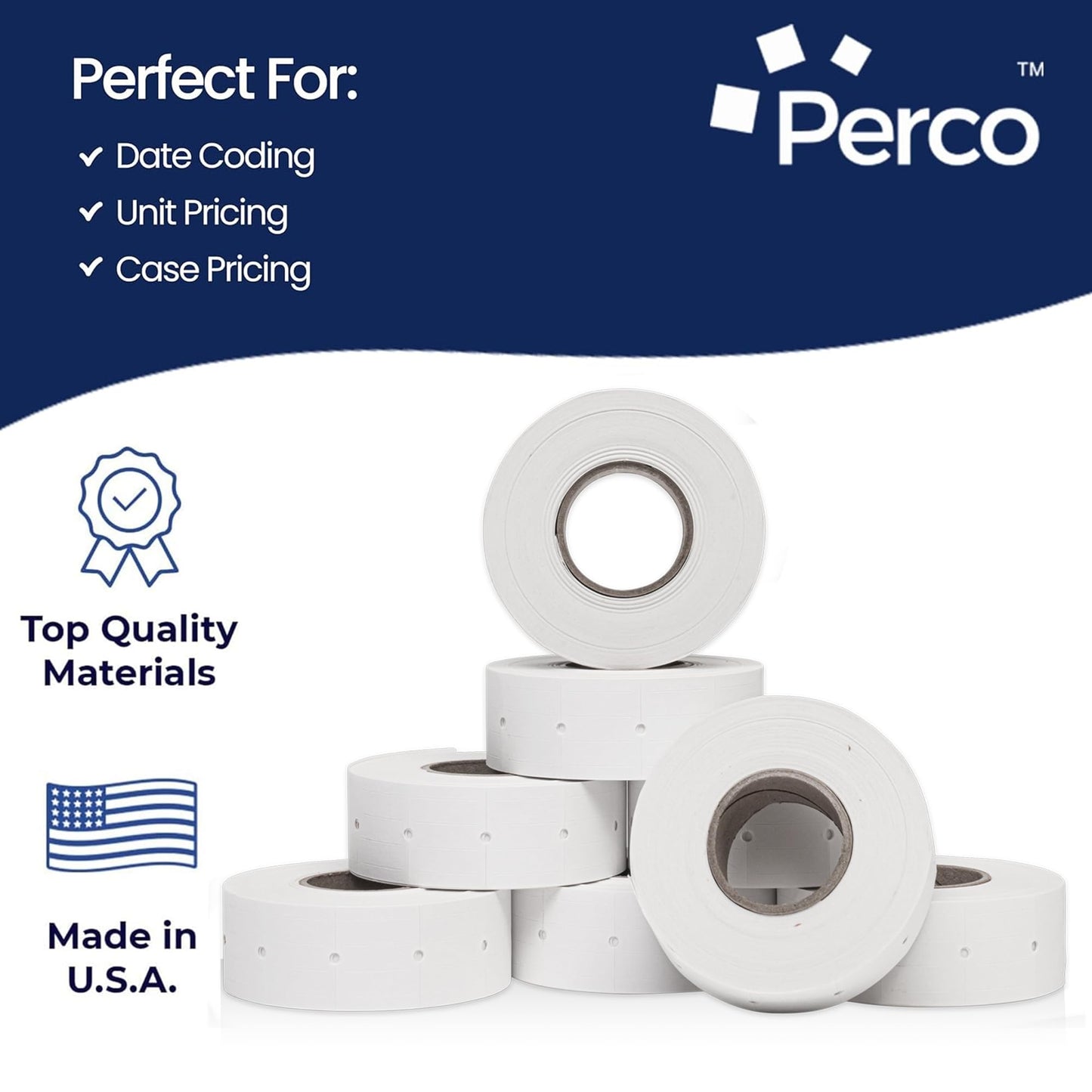Perco 2 Line White Labels - 6,000 Blank Price and Date Gun Labels for Perco 2 Line Price and Date Guns - 8 Rolls, 1 Sleeve - Made in USA