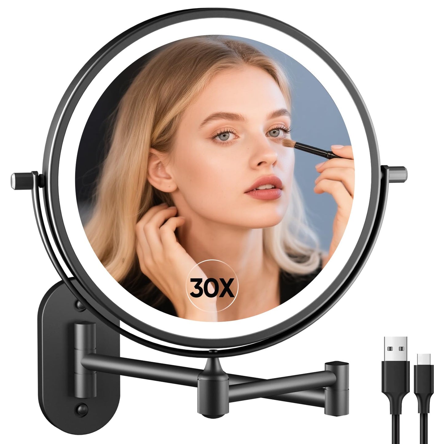 FUNTOUCH 5000mAh Rechargeable Wall Mounted Lighted Makeup Vanity Mirror, Double Sided 1X 30X Magnifying, 3 Color Lighting, Touch Dimming, Extended Arm 360 Rotation Light up Bathroom Mirror Black